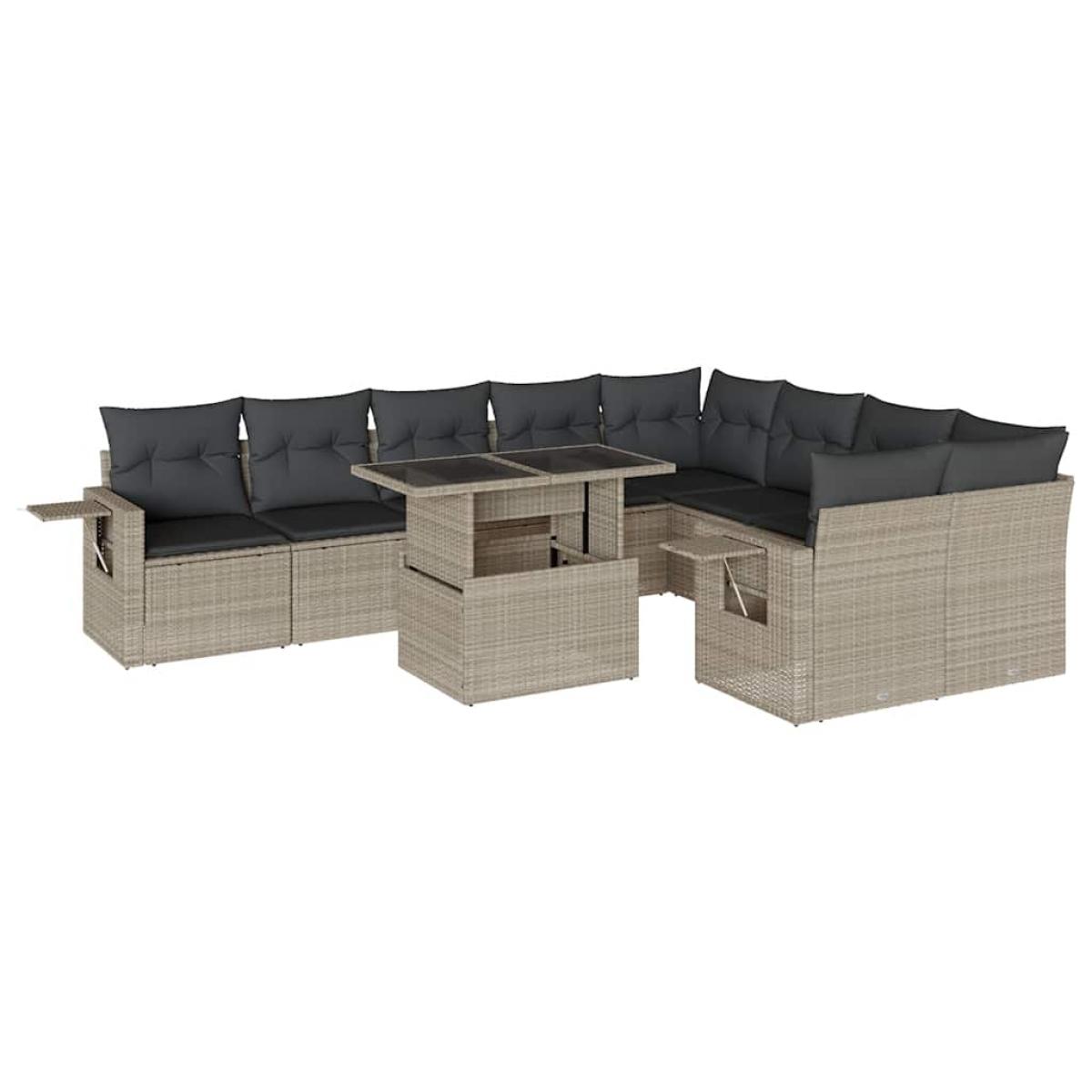 Set sofás jardín 10 pzas con cojines ratán sintético gris claro