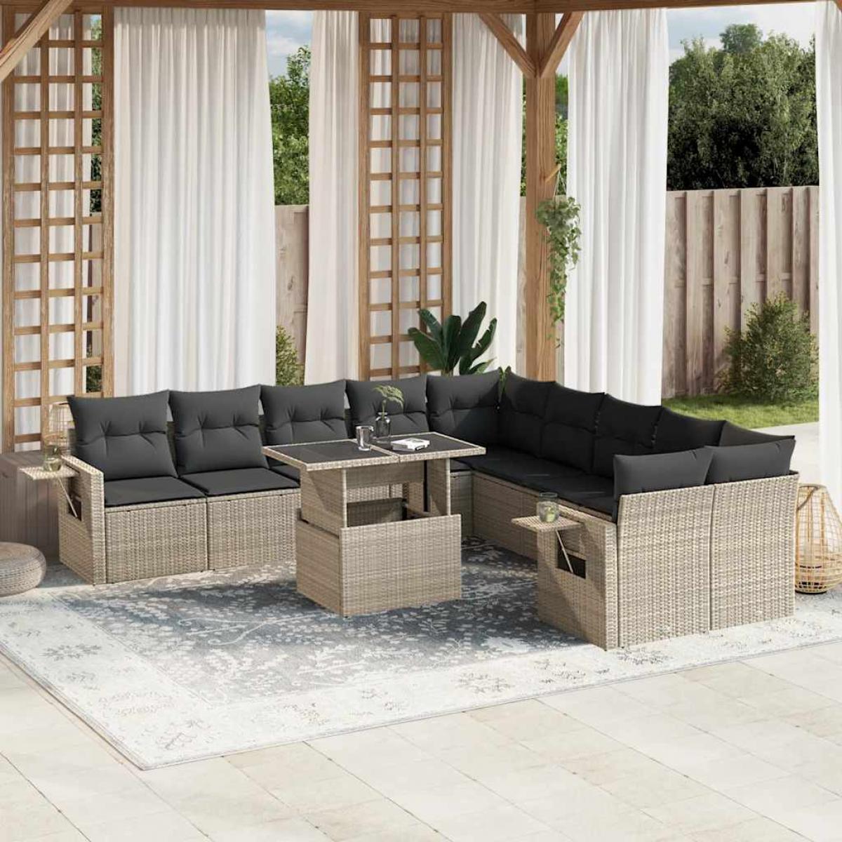 Set de sofás de jardín 11 pzas y cojines ratán sintético gris