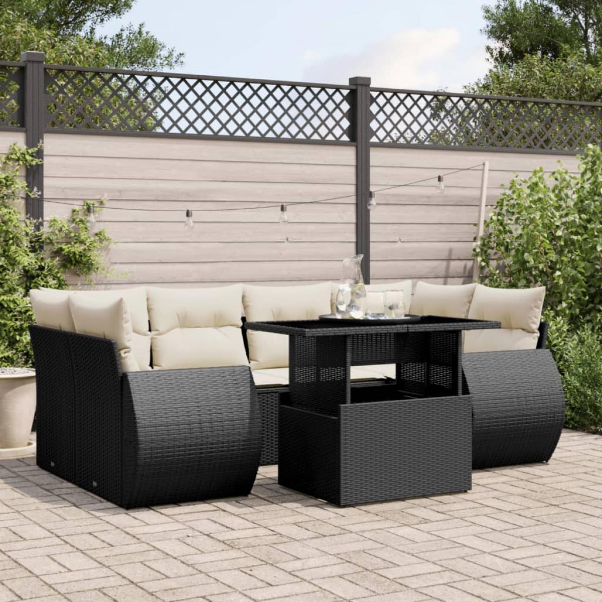 Set de sofás de jardín 7 pzas con cojines ratán sintético negro