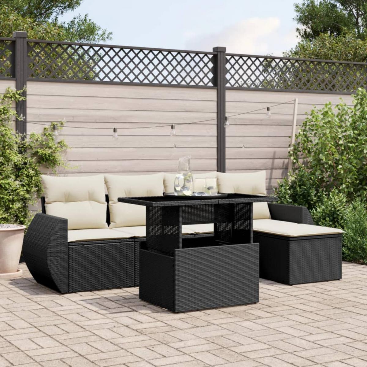 Set de sofás de jardín 6 piezas y cojines ratán sintético negro