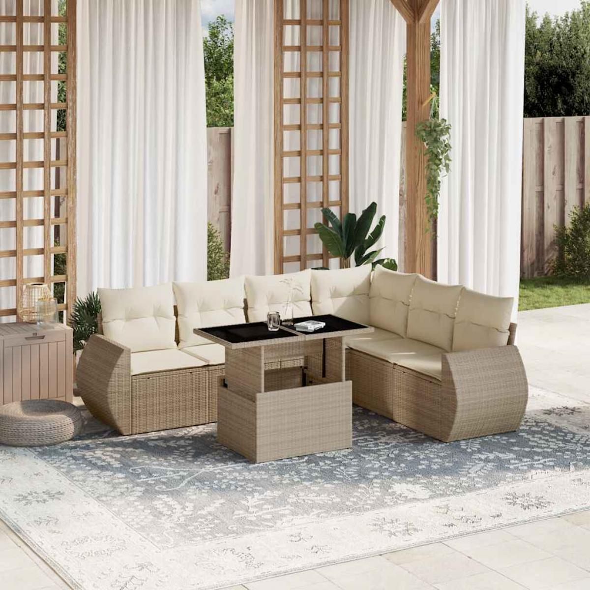Set sofás de jardín 7 piezas y cojines ratán sintético beige