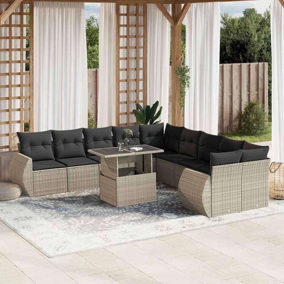 Set de sofás de jardín 11 pzas y cojines ratán sintético gris