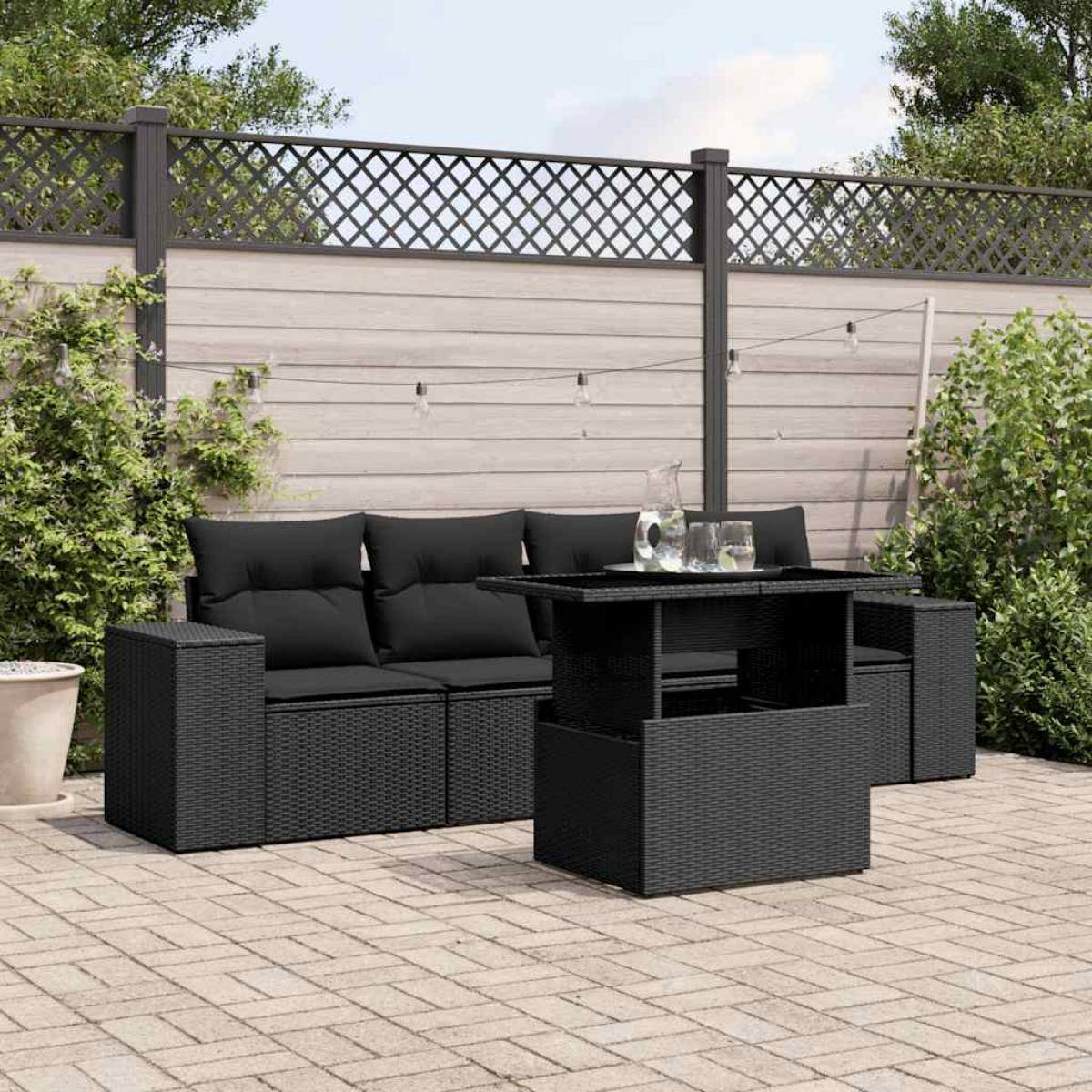 Set de muebles de jardín 5 pzas y cojines ratán sintético negro