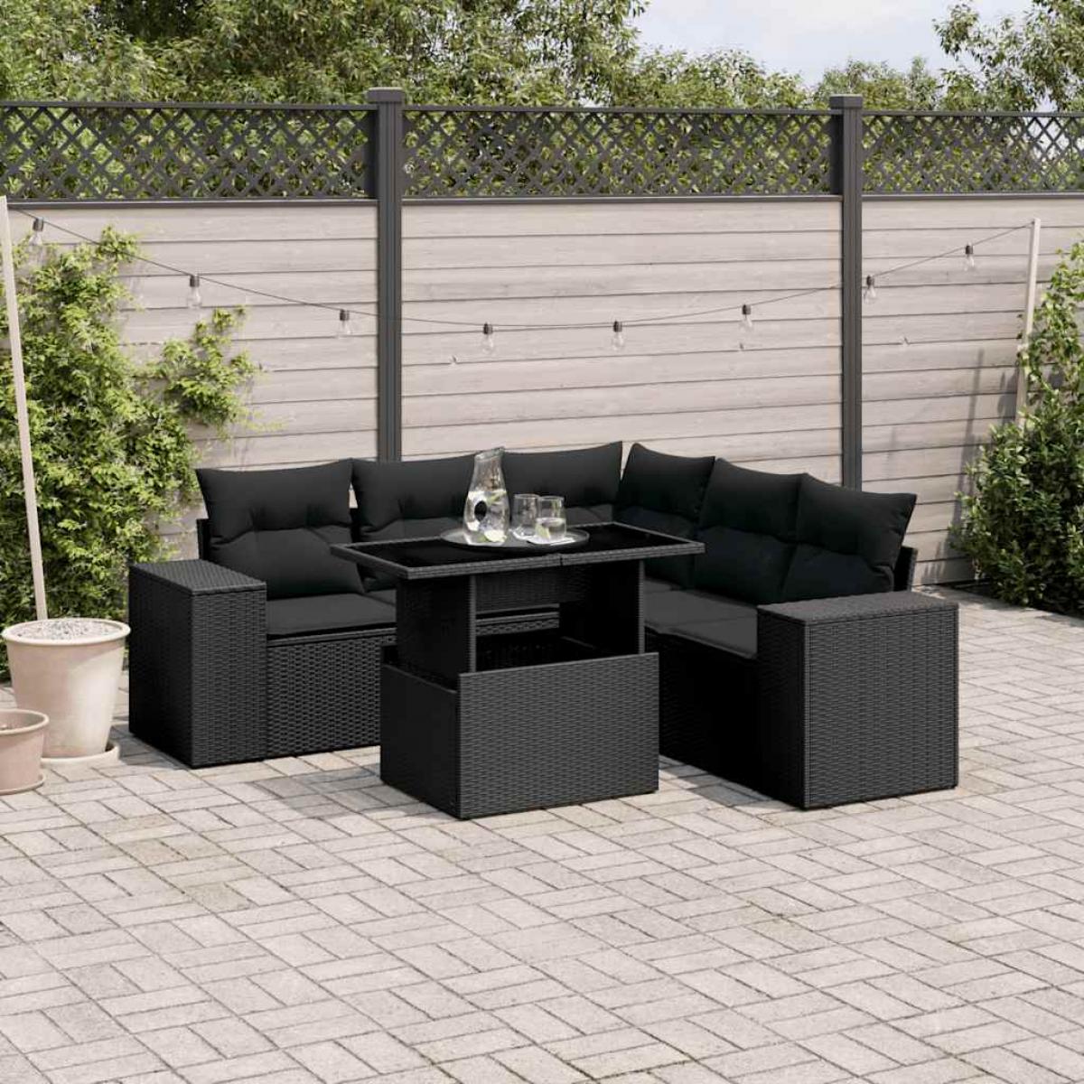 Set de sofás de jardín 6 piezas y cojines ratán sintético negro