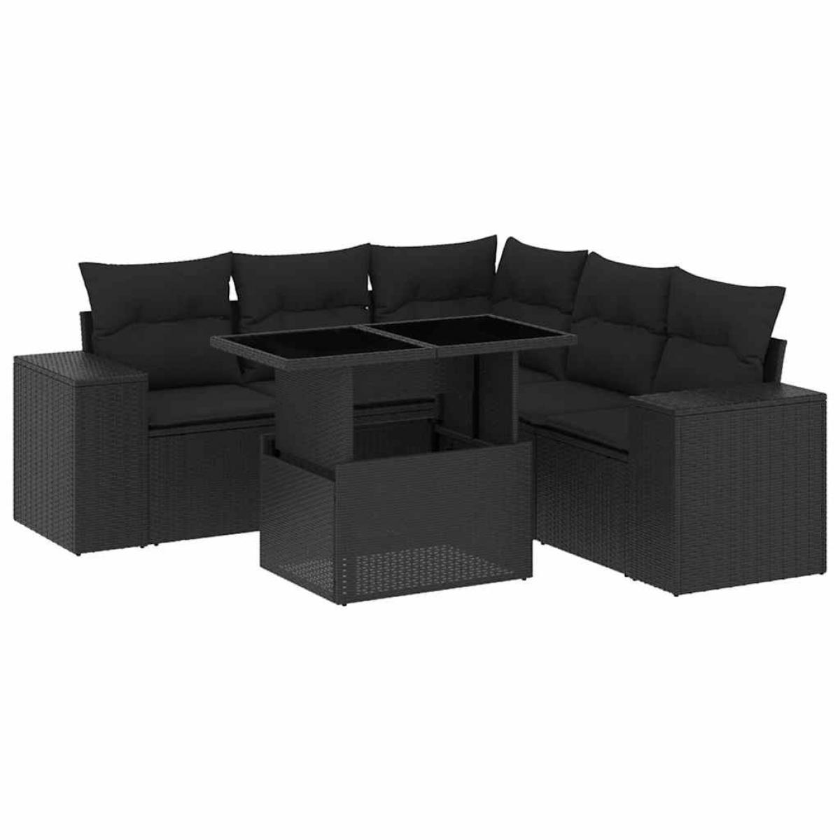 Set de sofás de jardín 6 piezas y cojines ratán sintético negro