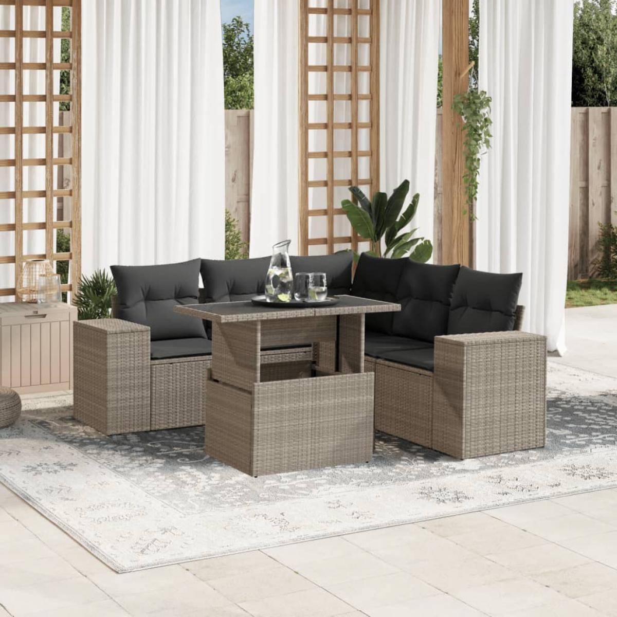 Set de sofás de jardín 6 pzas y cojines ratán sintético gris