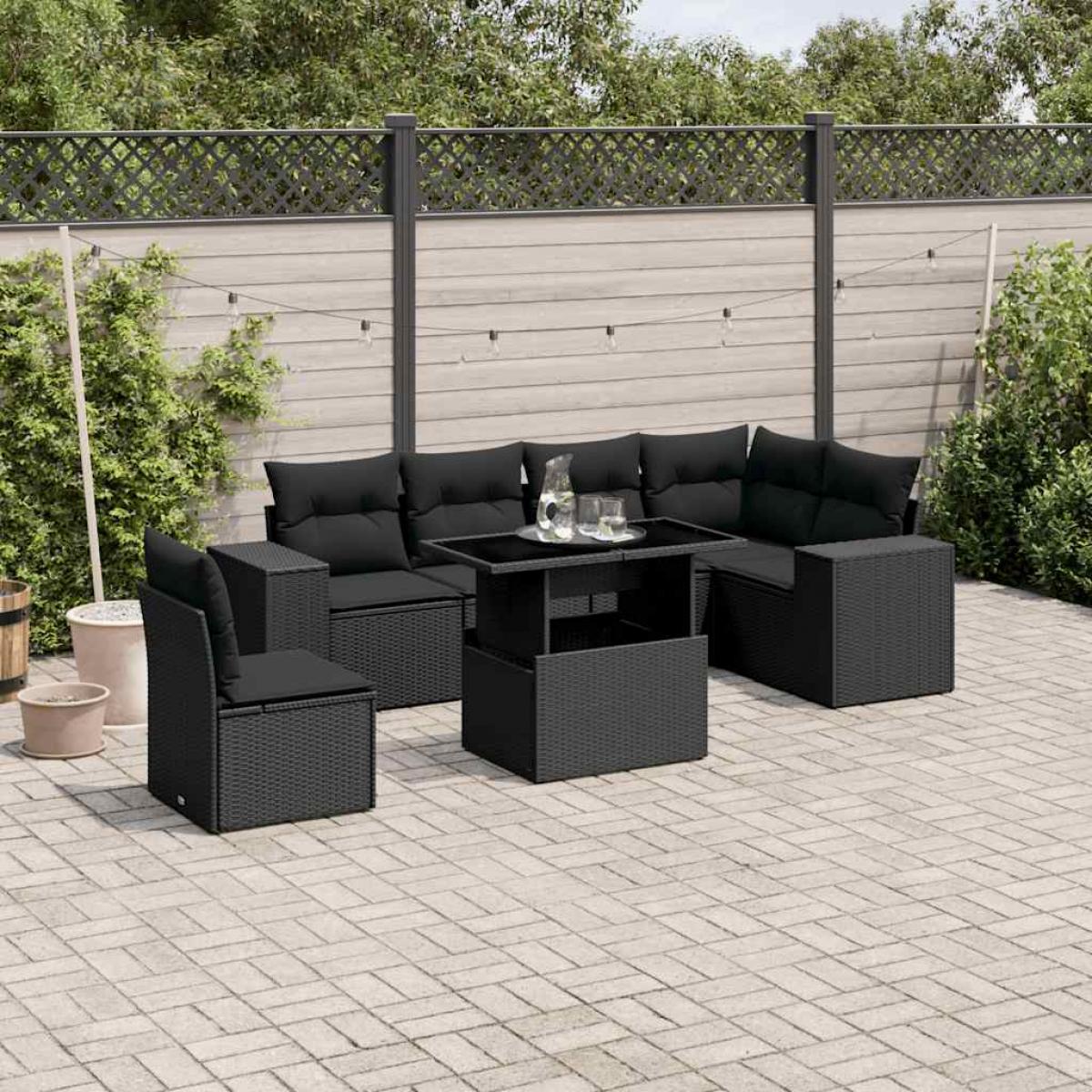 Set de sofás de jardín 7 pzas con cojines ratán sintético negro