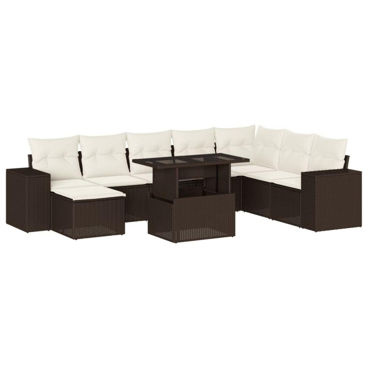 Set de sofás de jardín 9 pzas y cojines ratán sintético marrón