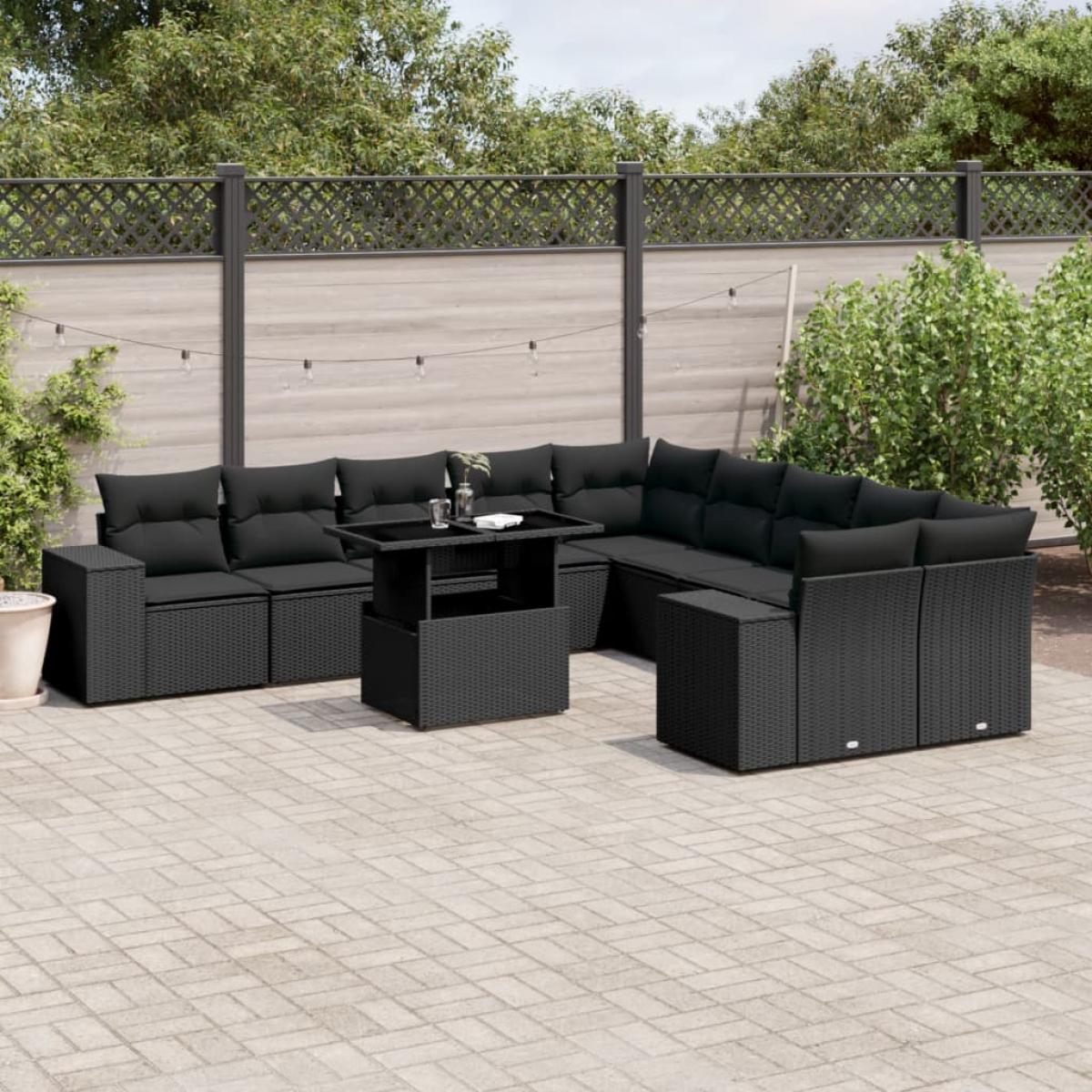 Set de sofás de jardín 11 pzas y cojines ratán sintético negro