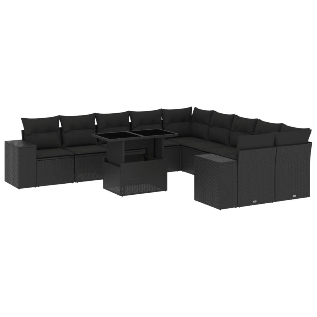 Set de sofás de jardín 11 pzas y cojines ratán sintético negro
