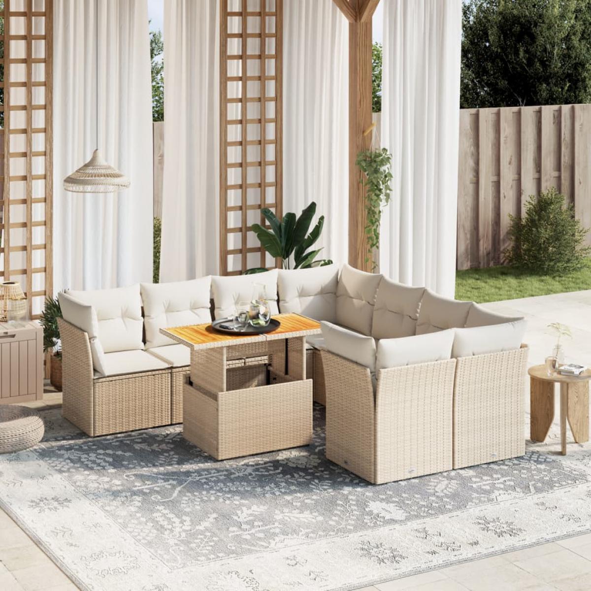 Set de sofás de jardín 9 pzas con cojines ratán sintético beige