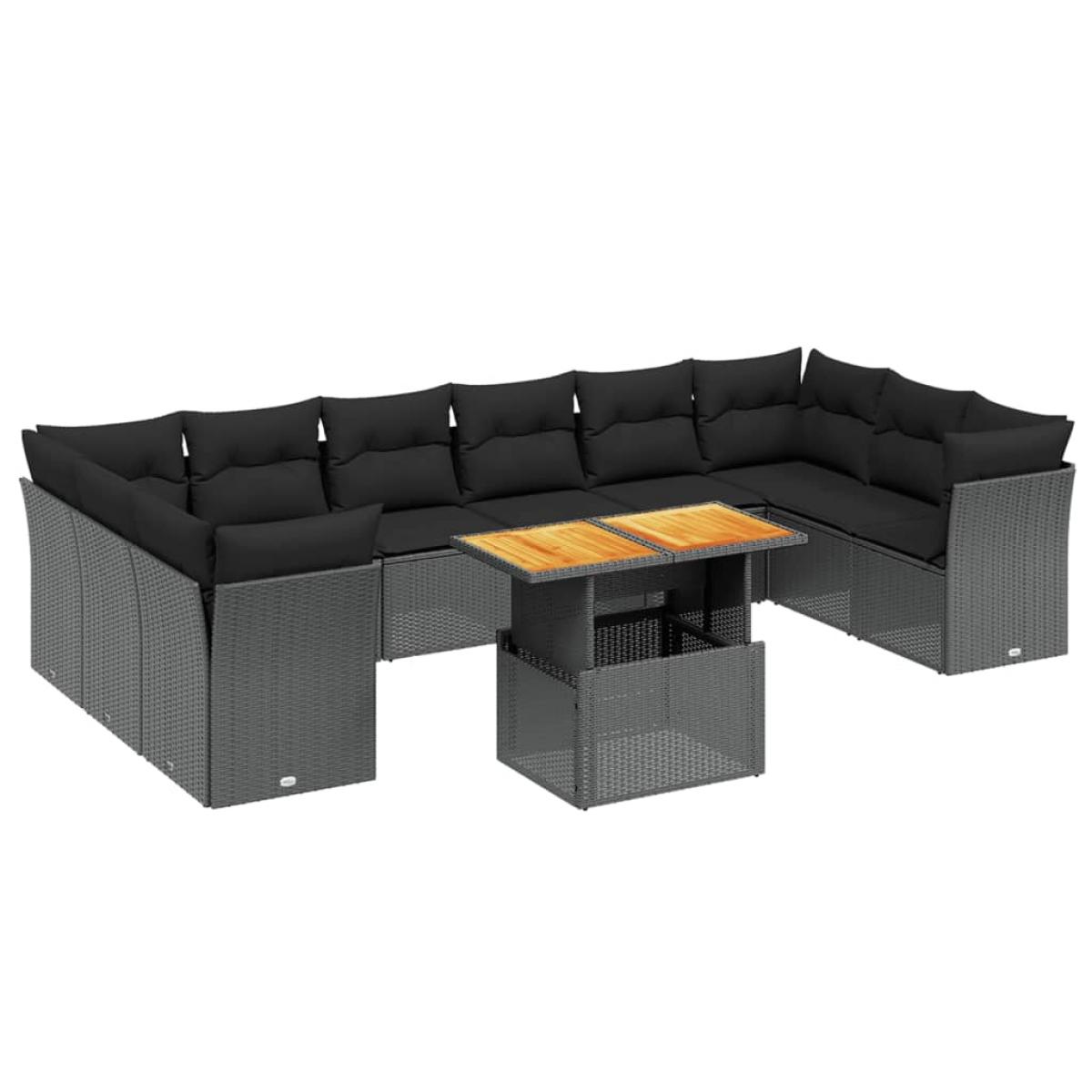 Set de sofás de jardín 11 pzas y cojines ratán sintético negro