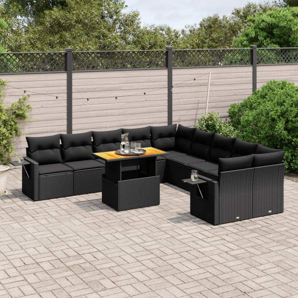 Set de sofás de jardín 11 pzas y cojines ratán sintético negro
