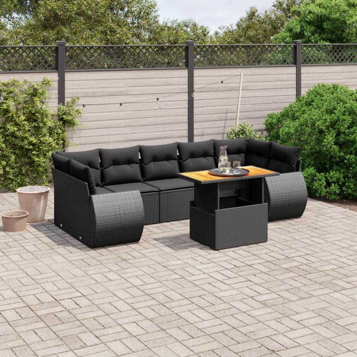 Set de sofás de jardín 8 piezas y cojines ratán sintético negro