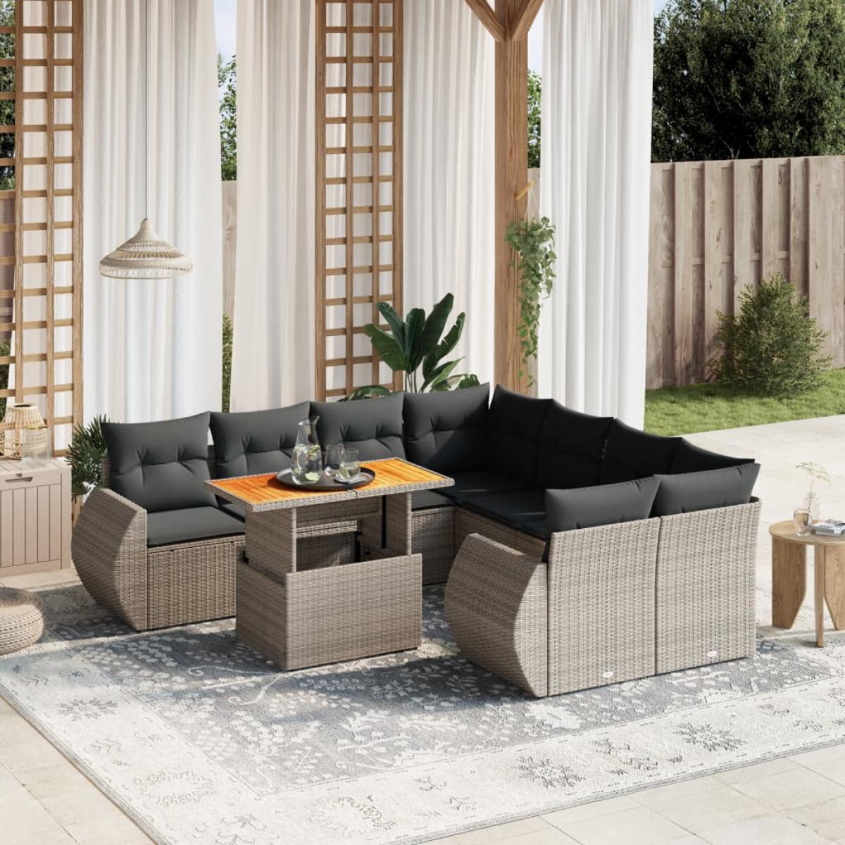 Set de muebles de jardín 9 pzas y cojines ratán sintético gris