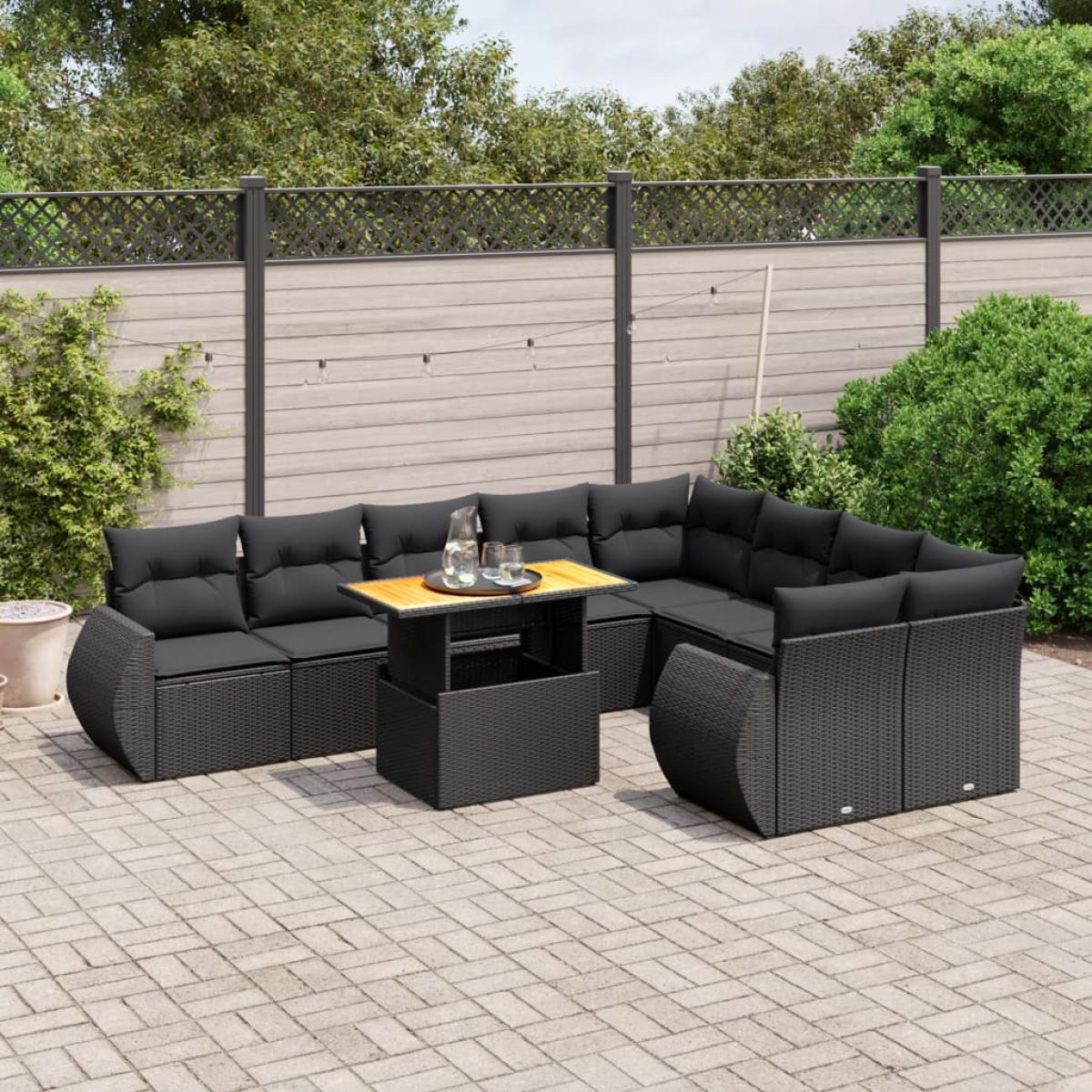 Set de sofás de jardín 10 pzas cojines ratán sintético negro