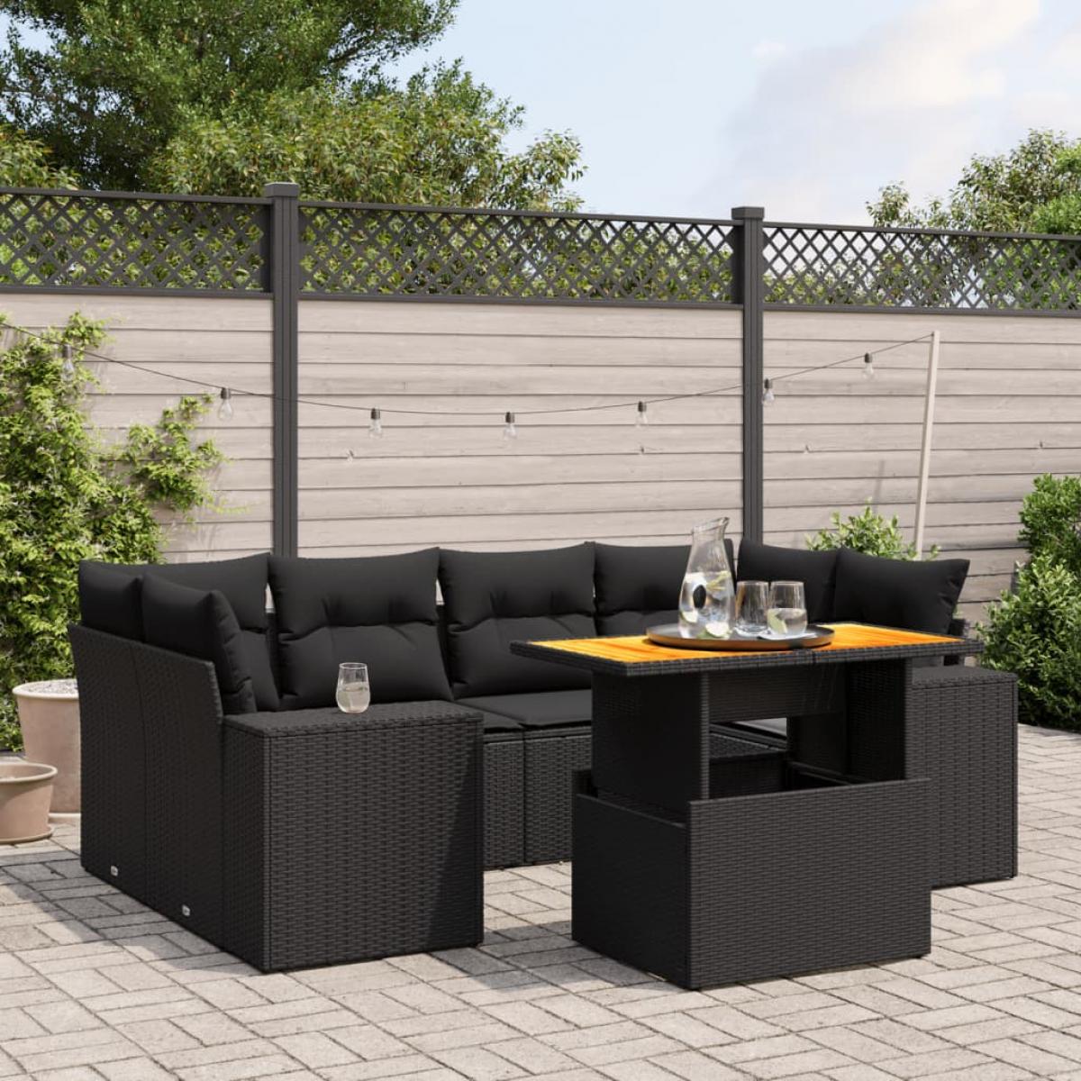 Set de comedor de jardín 7 pzas y cojines ratán sintético negro