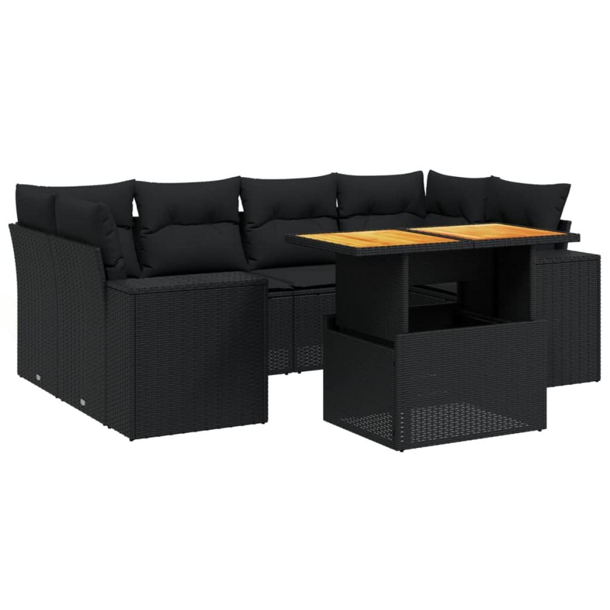 Set de comedor de jardín 7 pzas y cojines ratán sintético negro