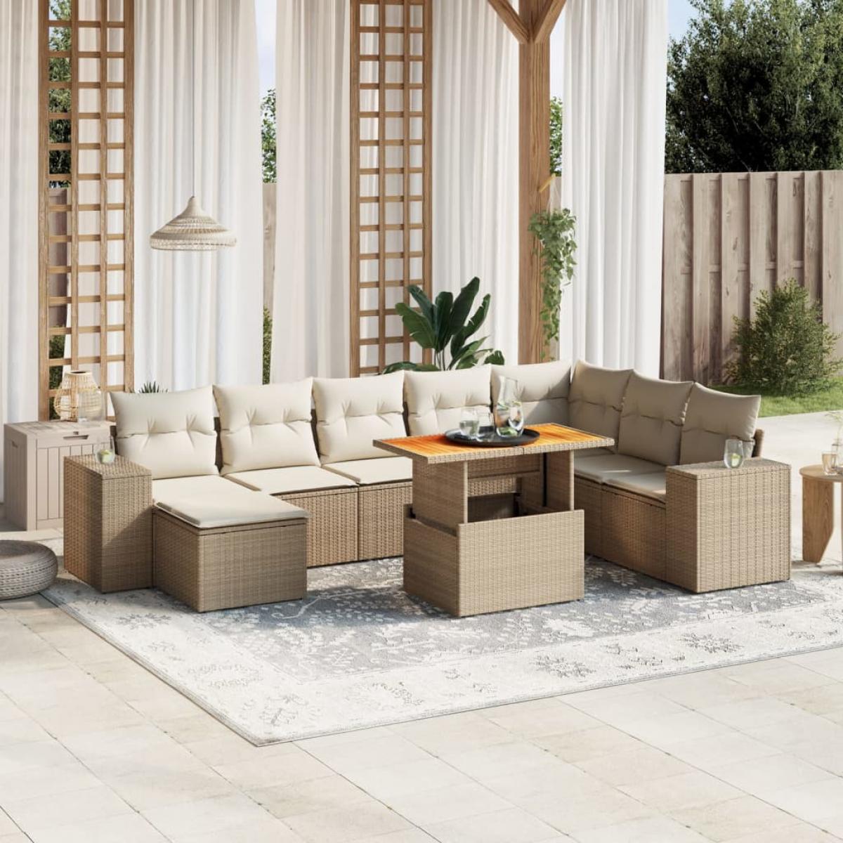 Set de sofás de jardín 9 pzas con cojines ratán sintético beige