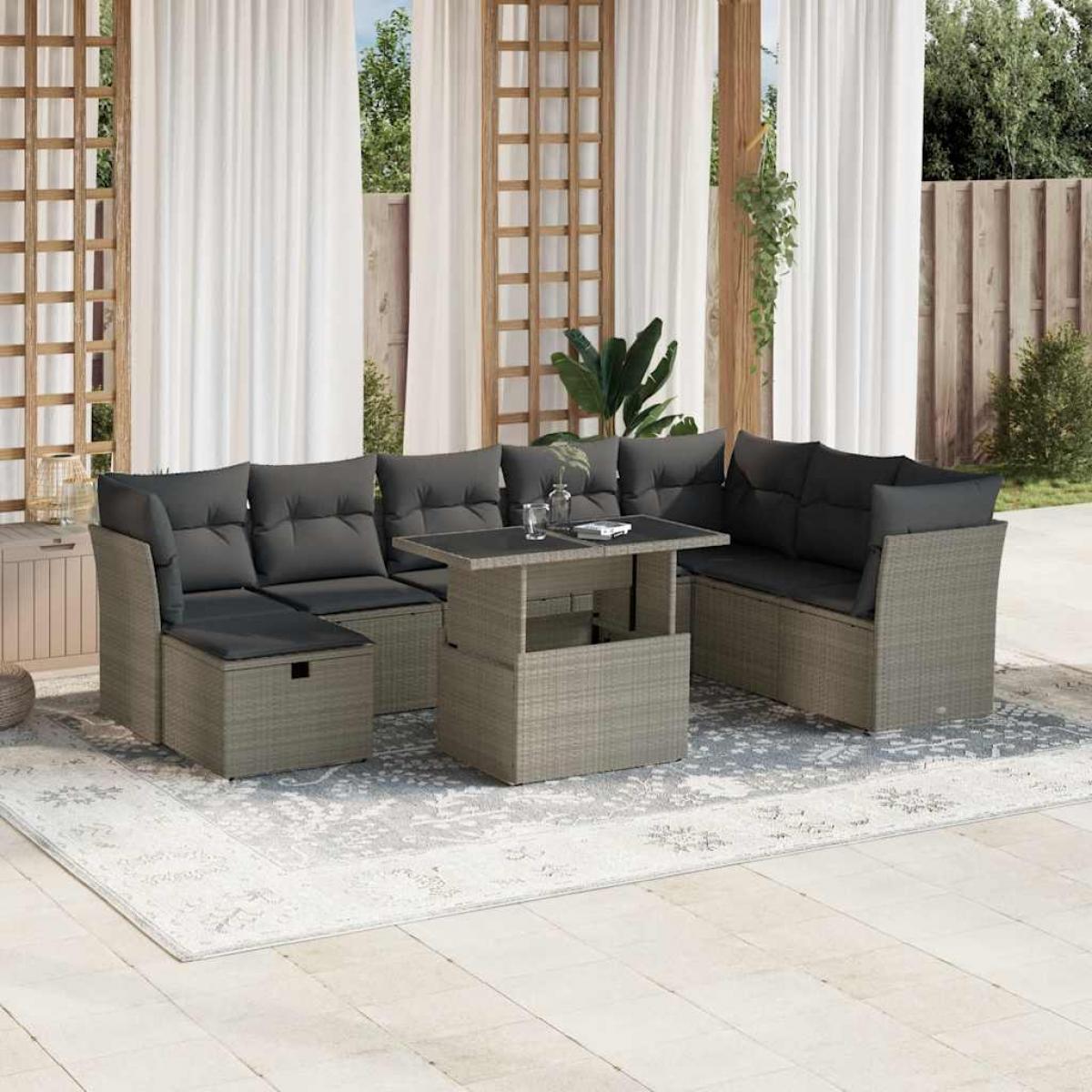 Set muebles jardín 9 pzas y cojines ratán sintético gris claro