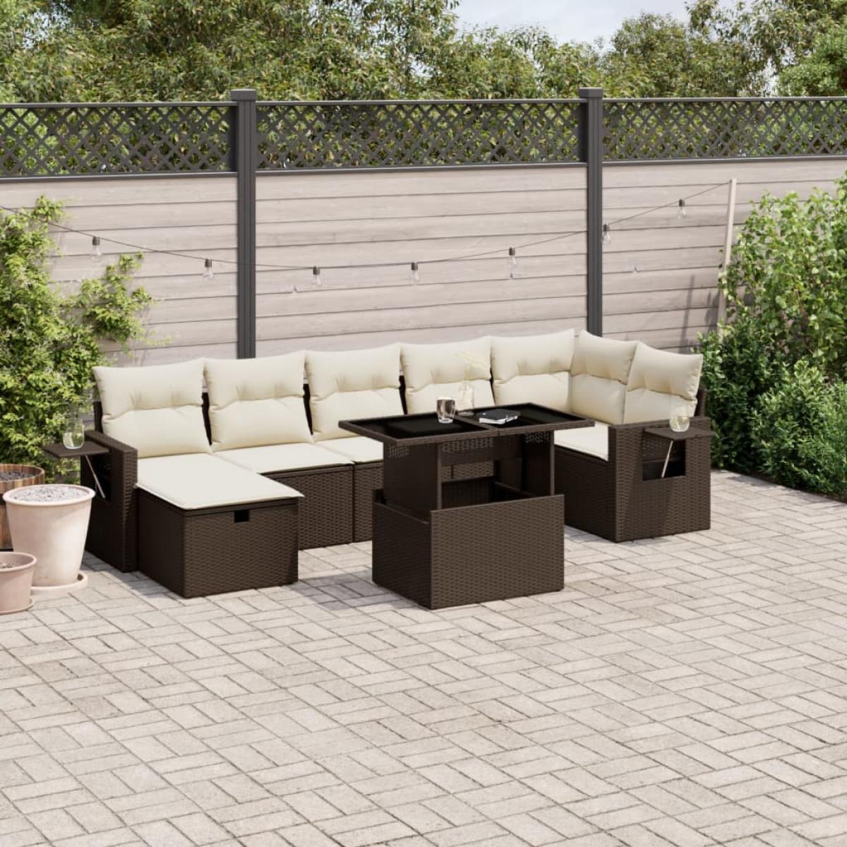 Set sofás de jardín 8 piezas y cojines ratán sintético marrón