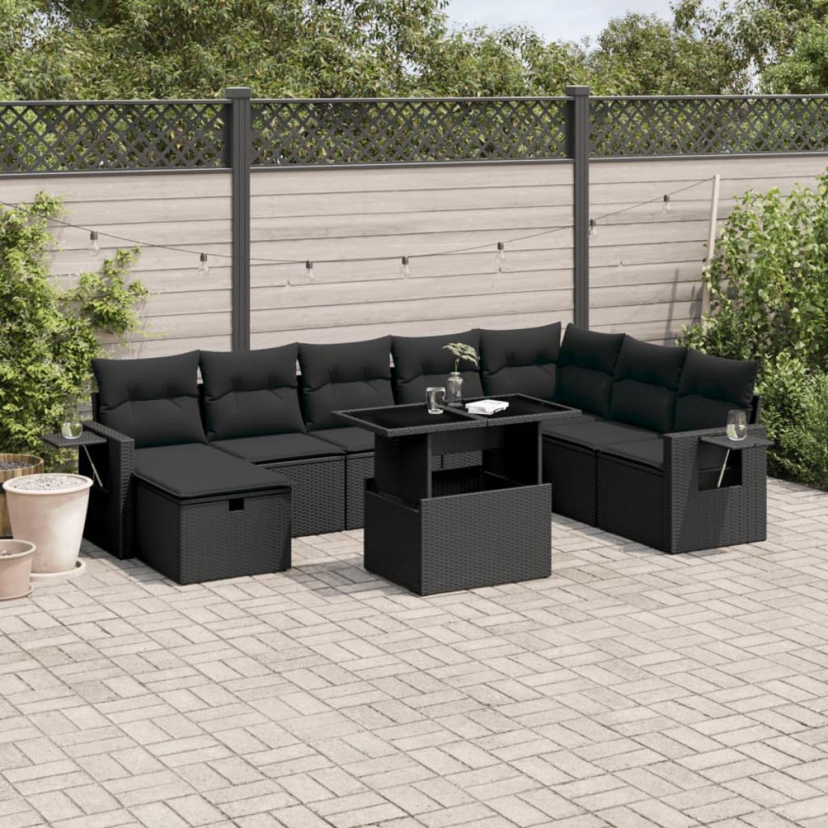 Set de sofás de jardín 8 piezas y cojines ratán sintético negro