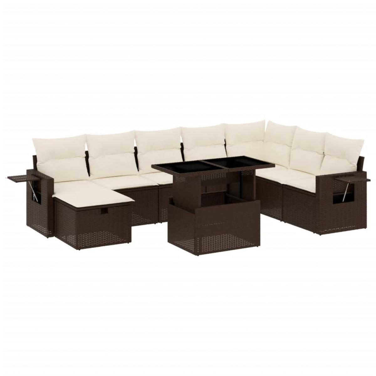 Set de sofás de jardín 9 pzas y cojines ratán sintético marrón