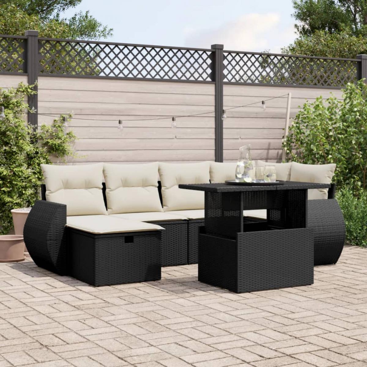 Set de sofás de jardín 7 pzas con cojines ratán sintético negro