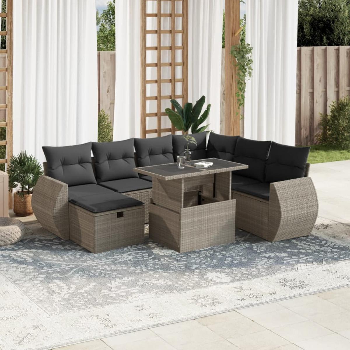 Set de sofás de jardín 8 pzas y cojines ratán sintético gris