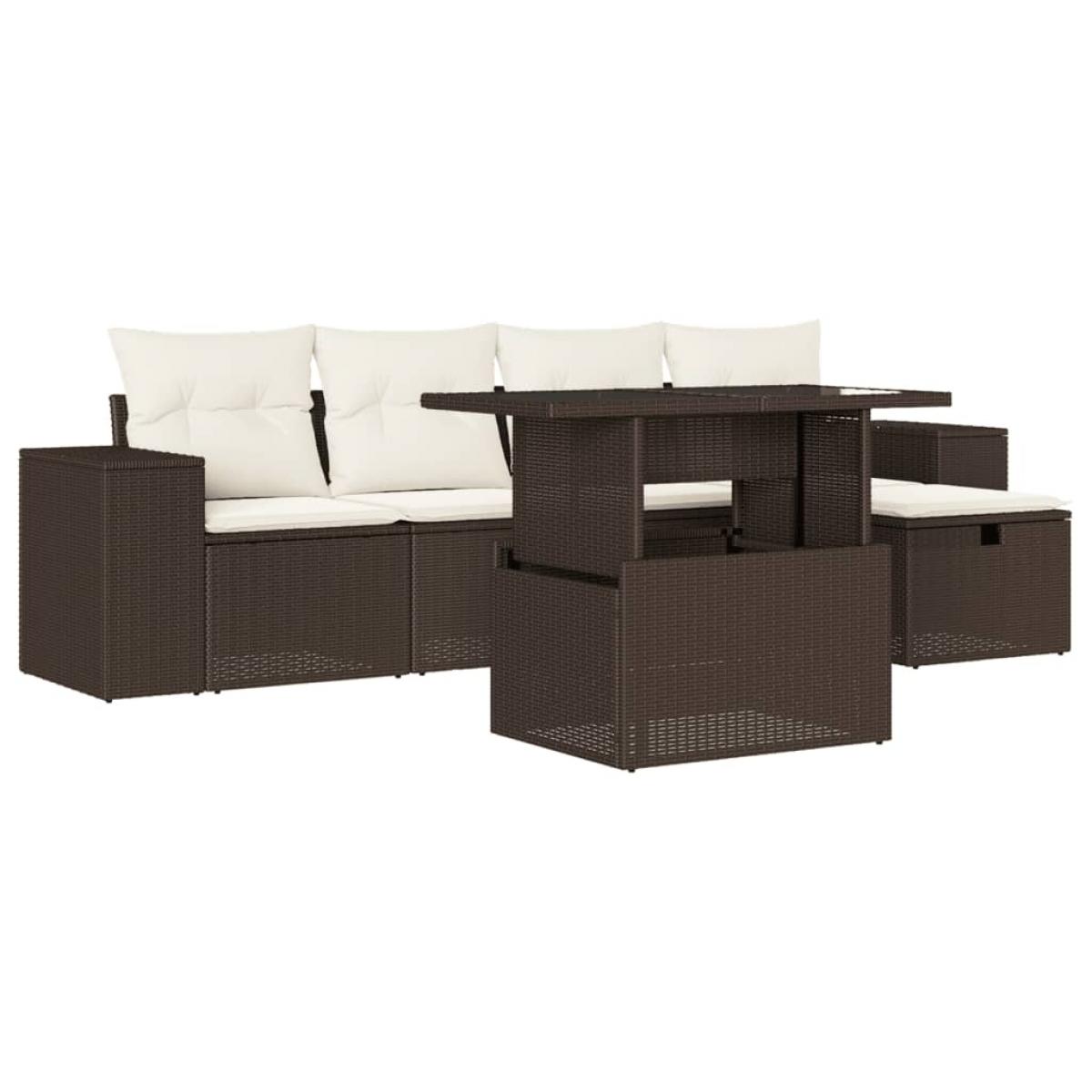 Set sofás de jardín 6 piezas y cojines ratán sintético marrón