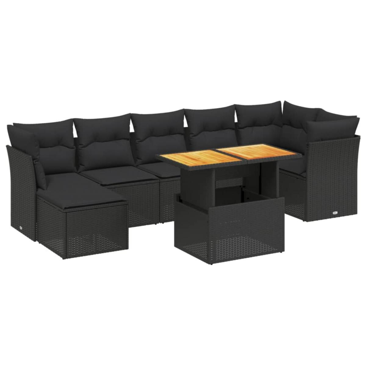 Set de sofás de jardín 8 piezas y cojines ratán sintético negro