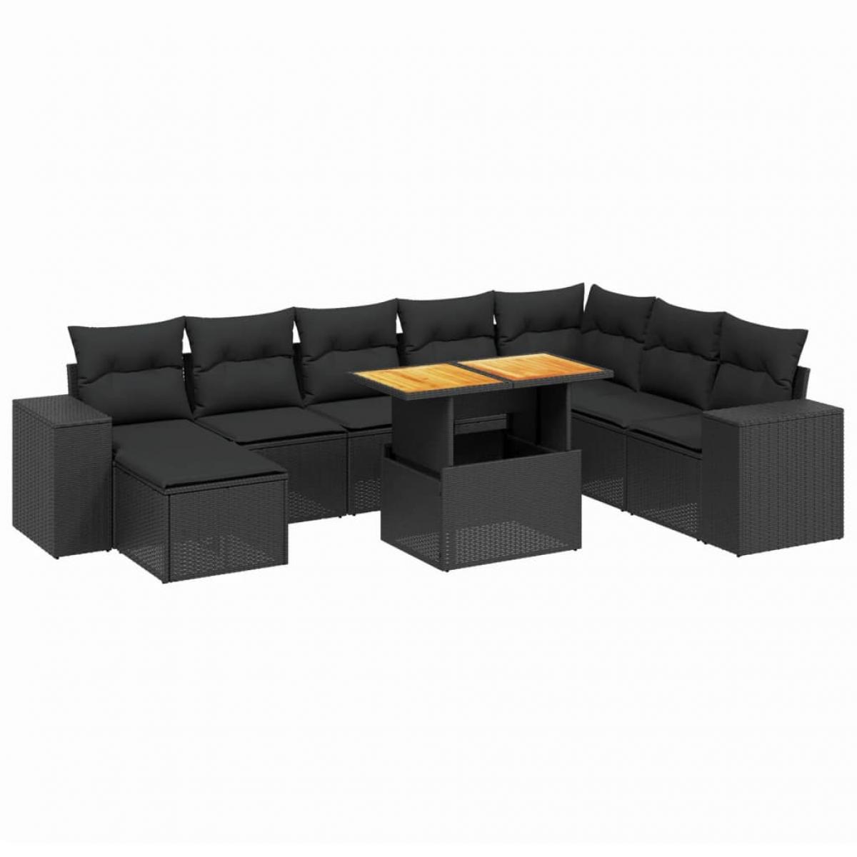 Set de sofás de jardín 8 piezas y cojines ratán sintético negro