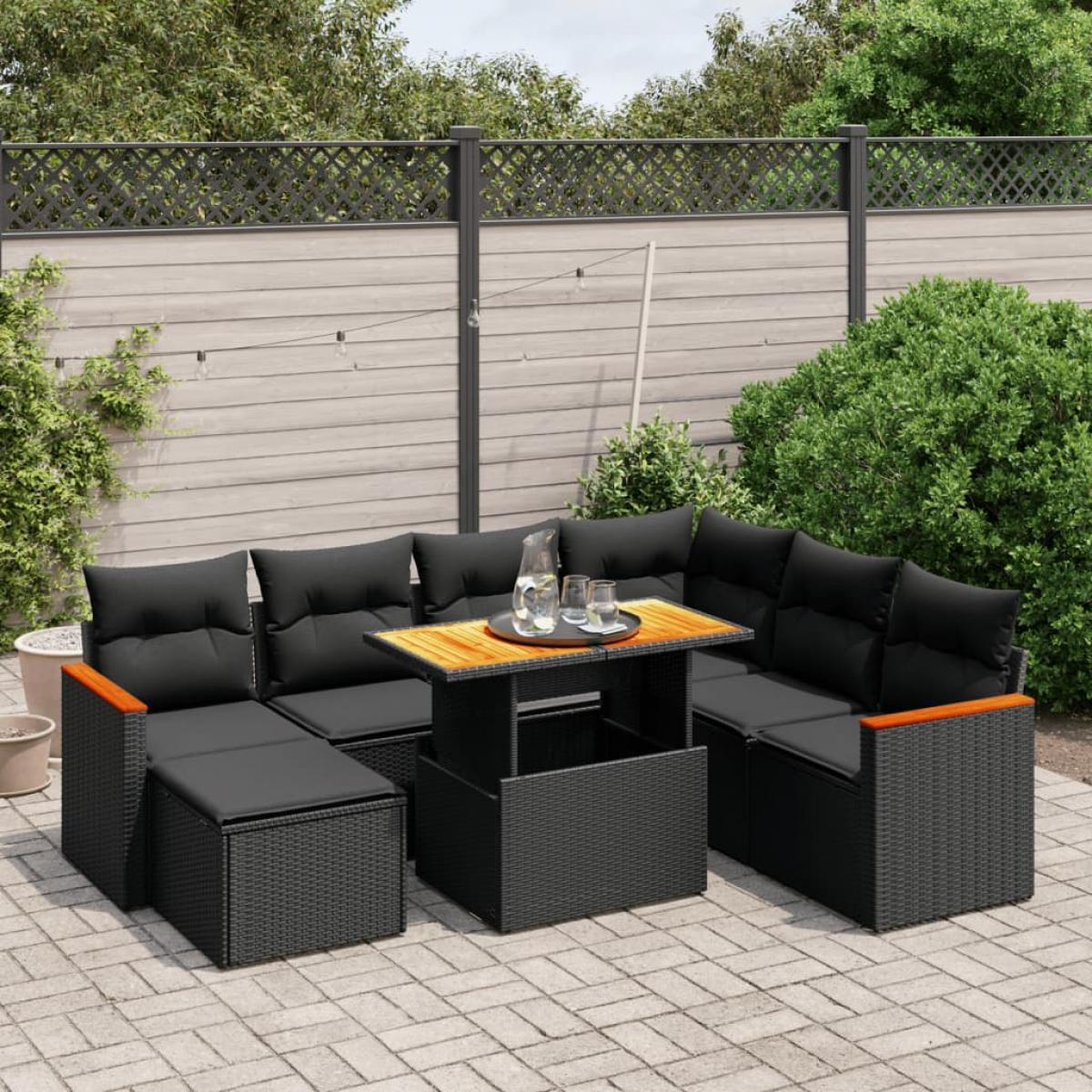 Set de sofás de jardín 8 piezas y cojines ratán sintético negro