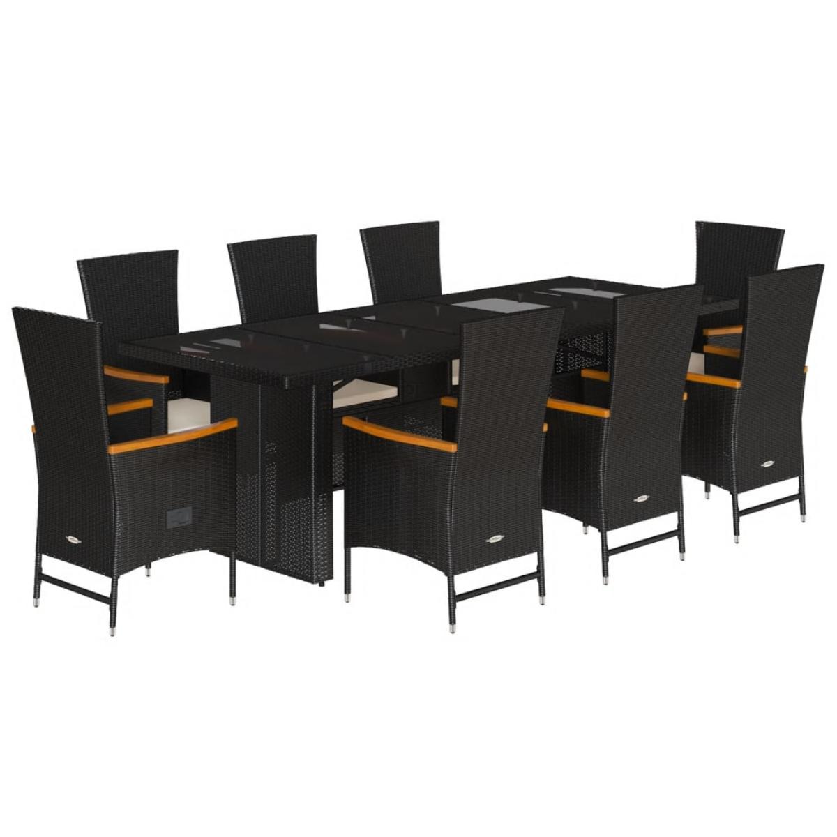 Set de comedor de jardín 9 pzas y cojines ratán sintético negro