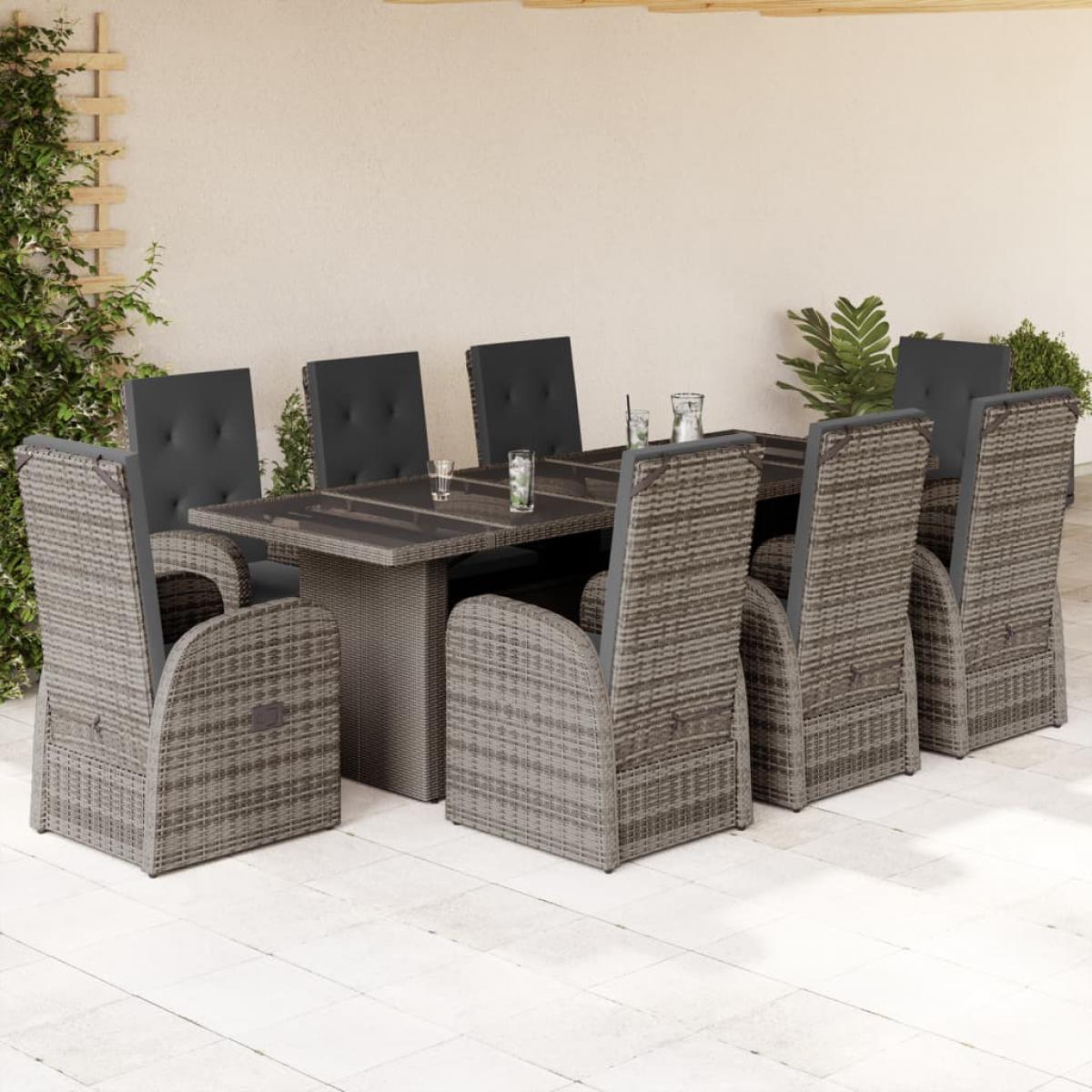 Set comedor jardín 9 pzas y cojines ratán sintético gris