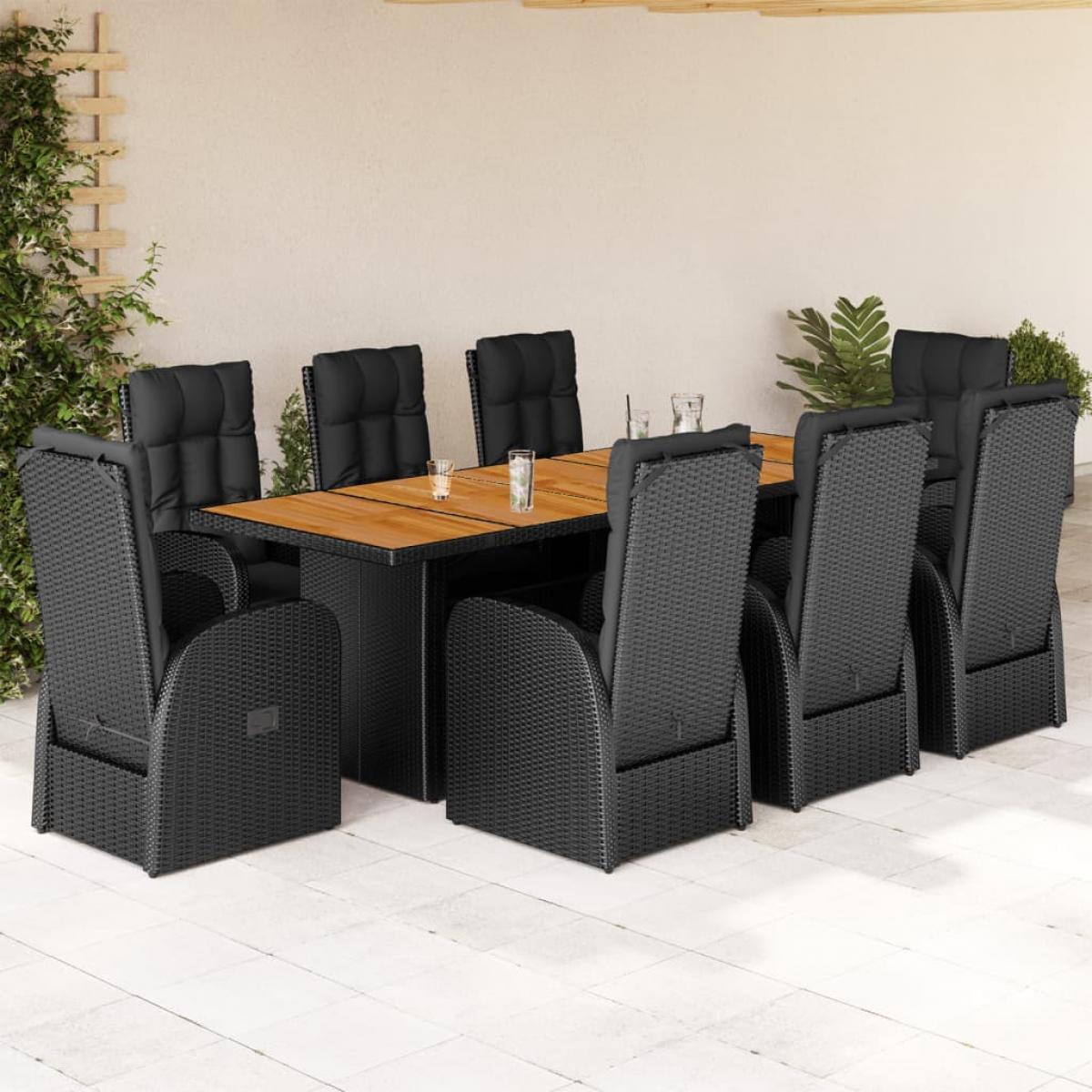 Set de comedor de jardín 9 pzas y cojines ratán sintético negro