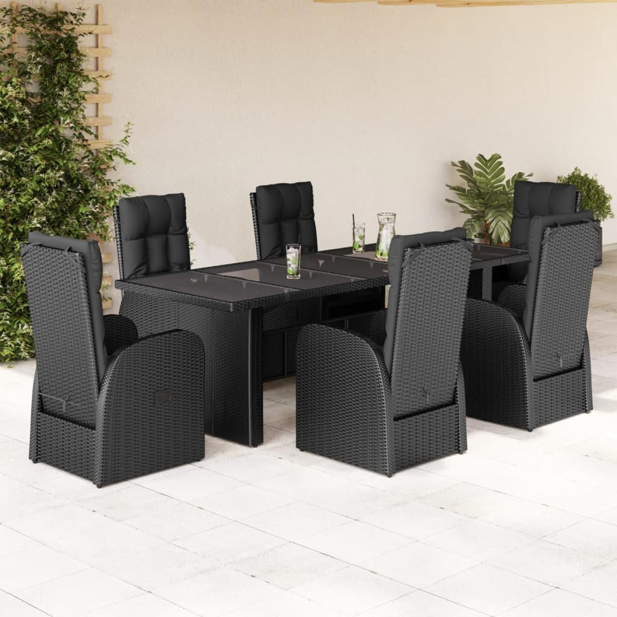 Set de comedor de jardín 7 pzas y cojines ratán sintético negro