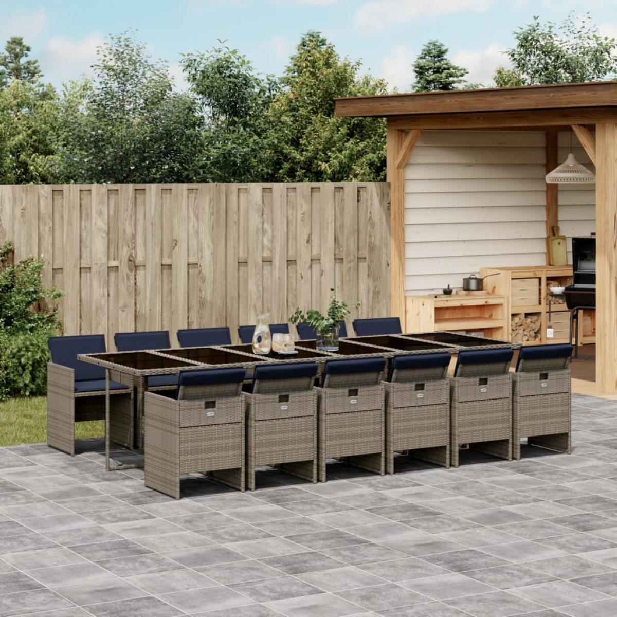 Set comedor de jardín con cojines 13 pzas ratán sintético gris