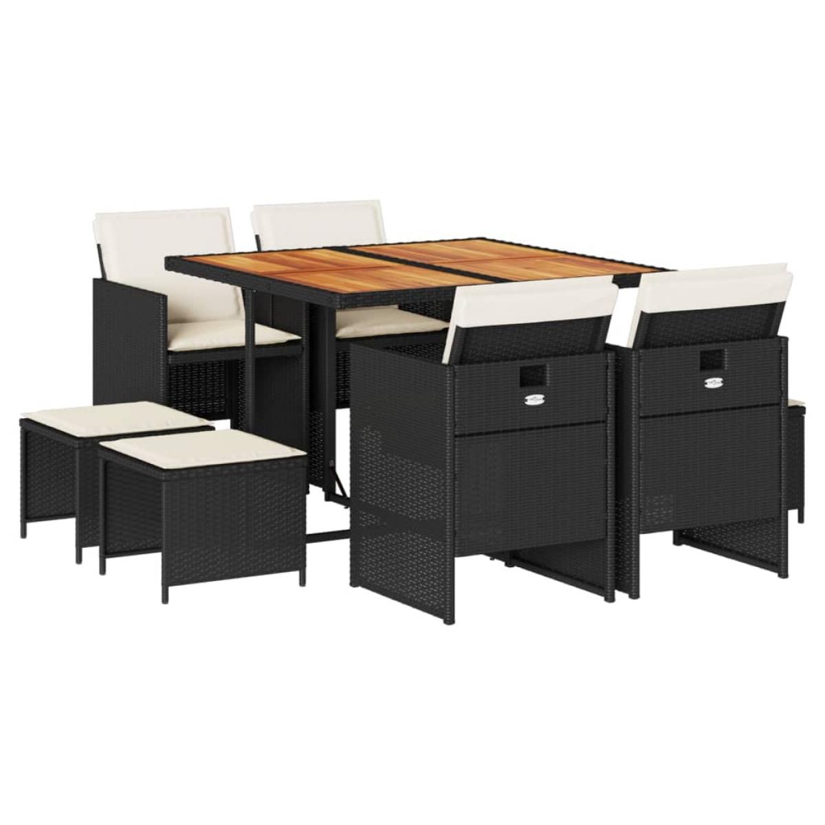 Set de comedor de jardín 9 pzas y cojines ratán sintético negro