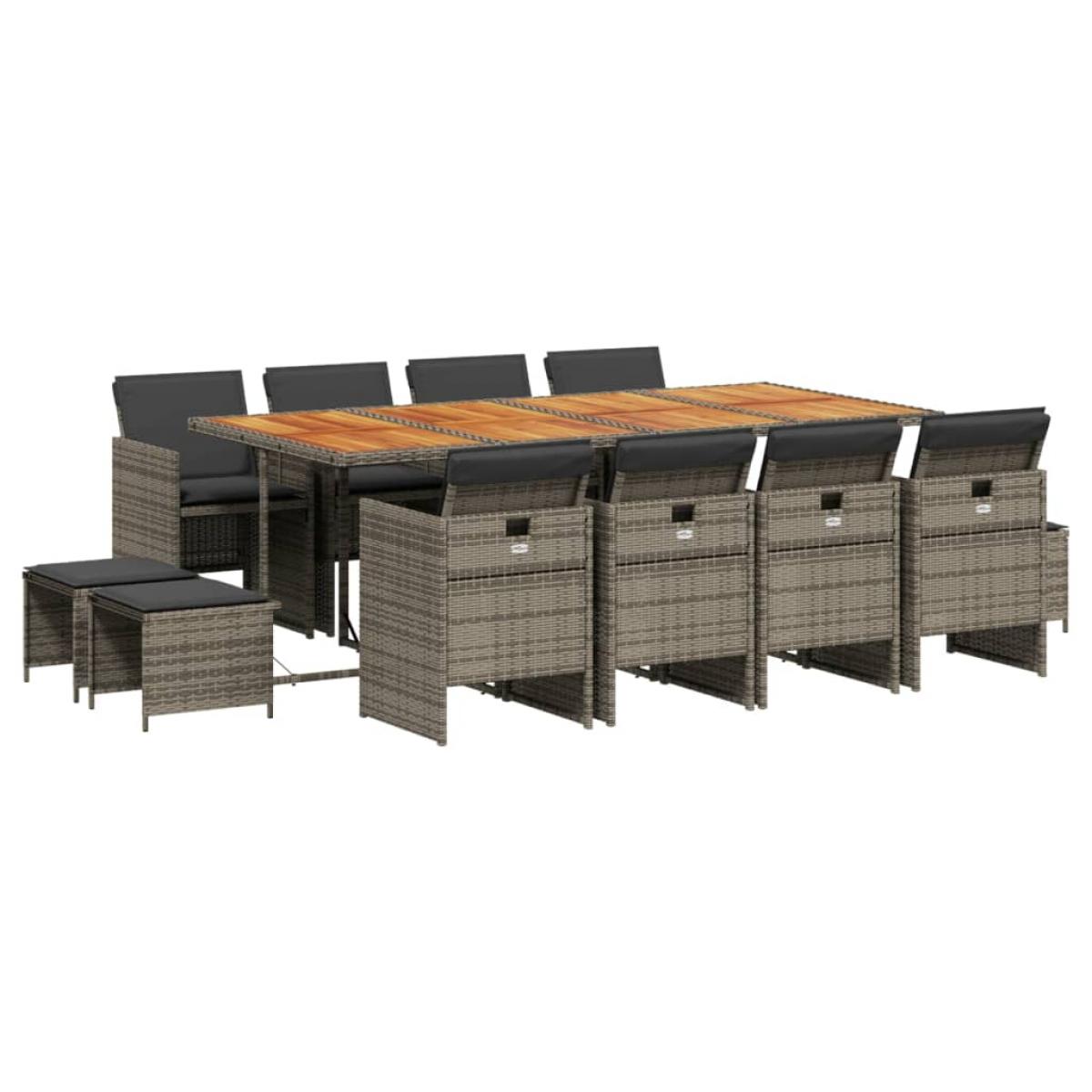 Set comedor de jardín con cojines 13 pzas ratán sintético gris