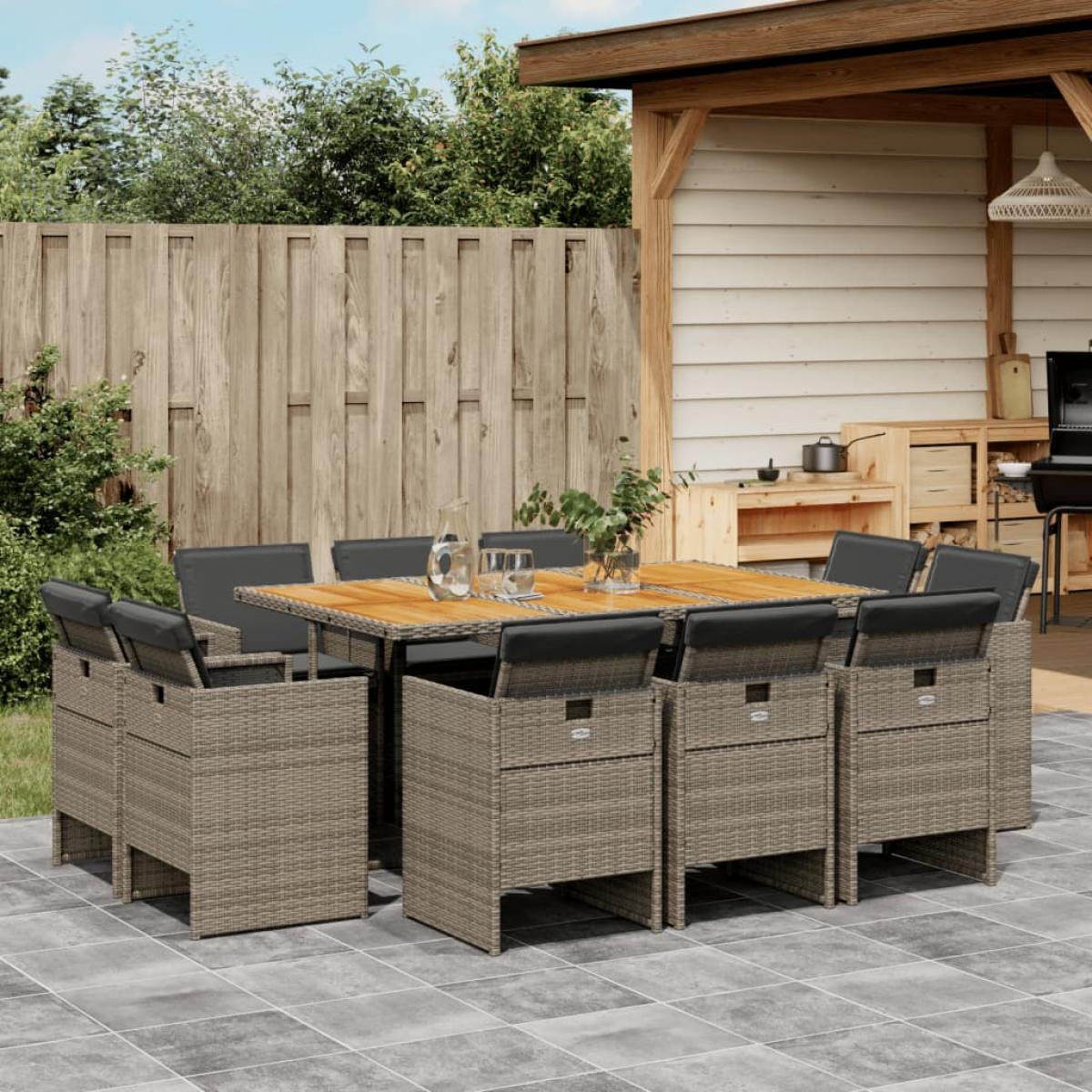 Set de comedor de jardín 11 pzas y cojines ratán sintético gris