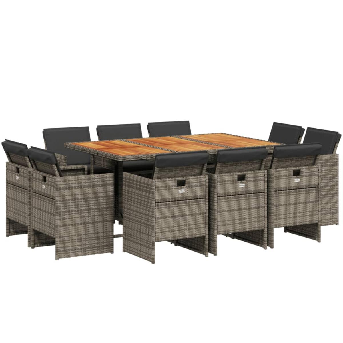 Set de comedor de jardín 11 pzas y cojines ratán sintético gris