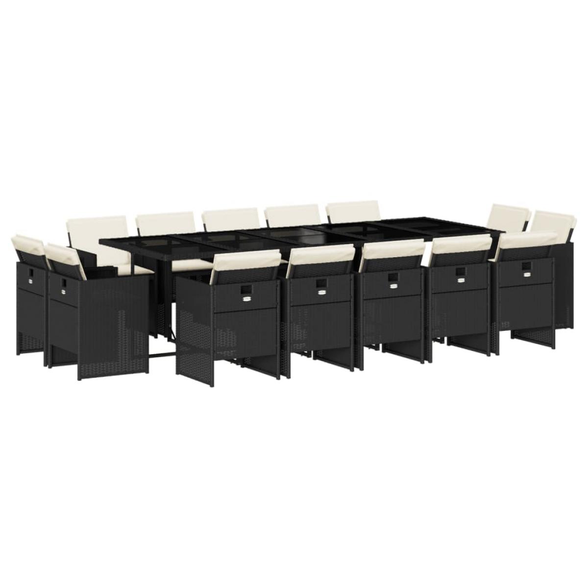Set comedor de jardín con cojines 15 pzas ratán sintético negro