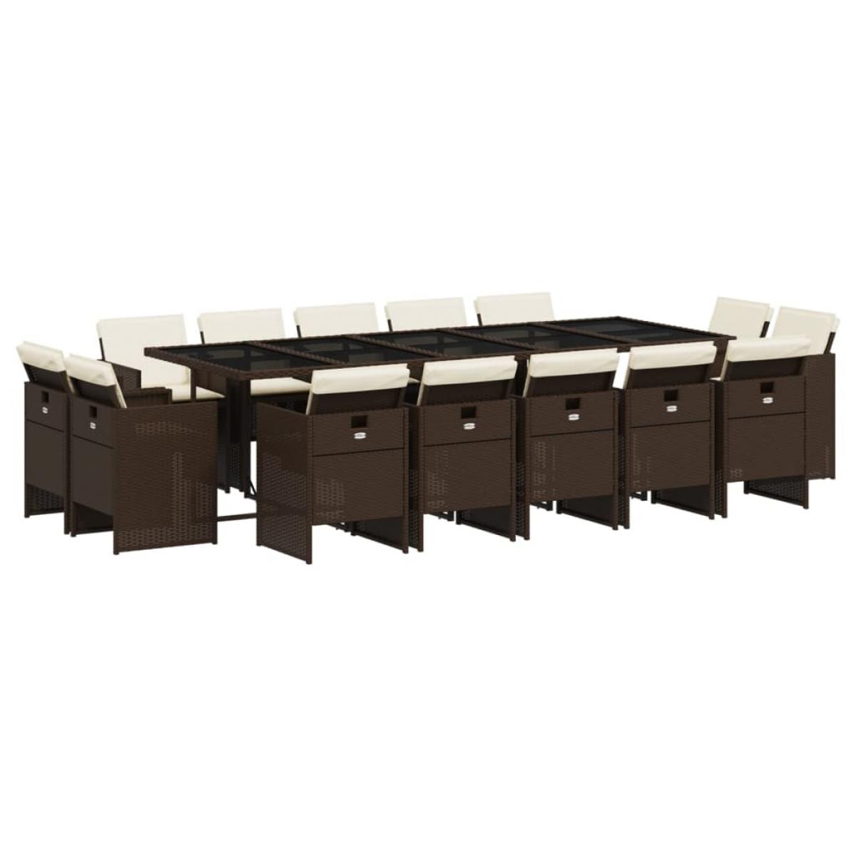 Set comedor de jardín y cojines 15 pzas ratán sintético marrón