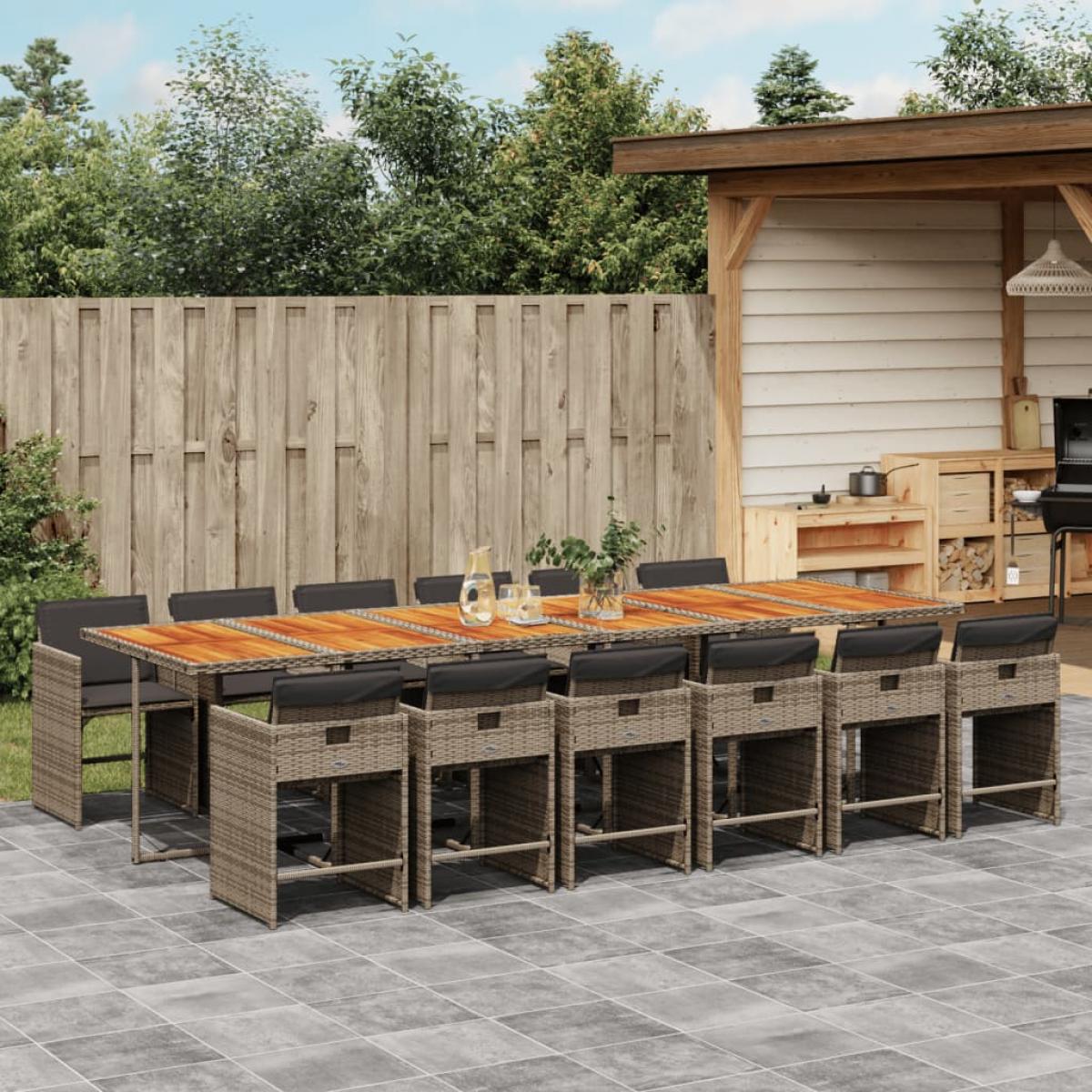 Set comedor de jardín con cojines 13 pzas ratán sintético gris