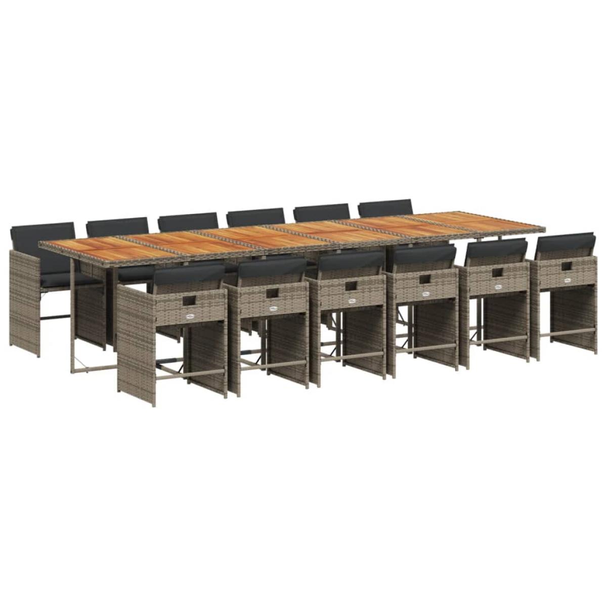 Set comedor de jardín con cojines 13 pzas ratán sintético gris