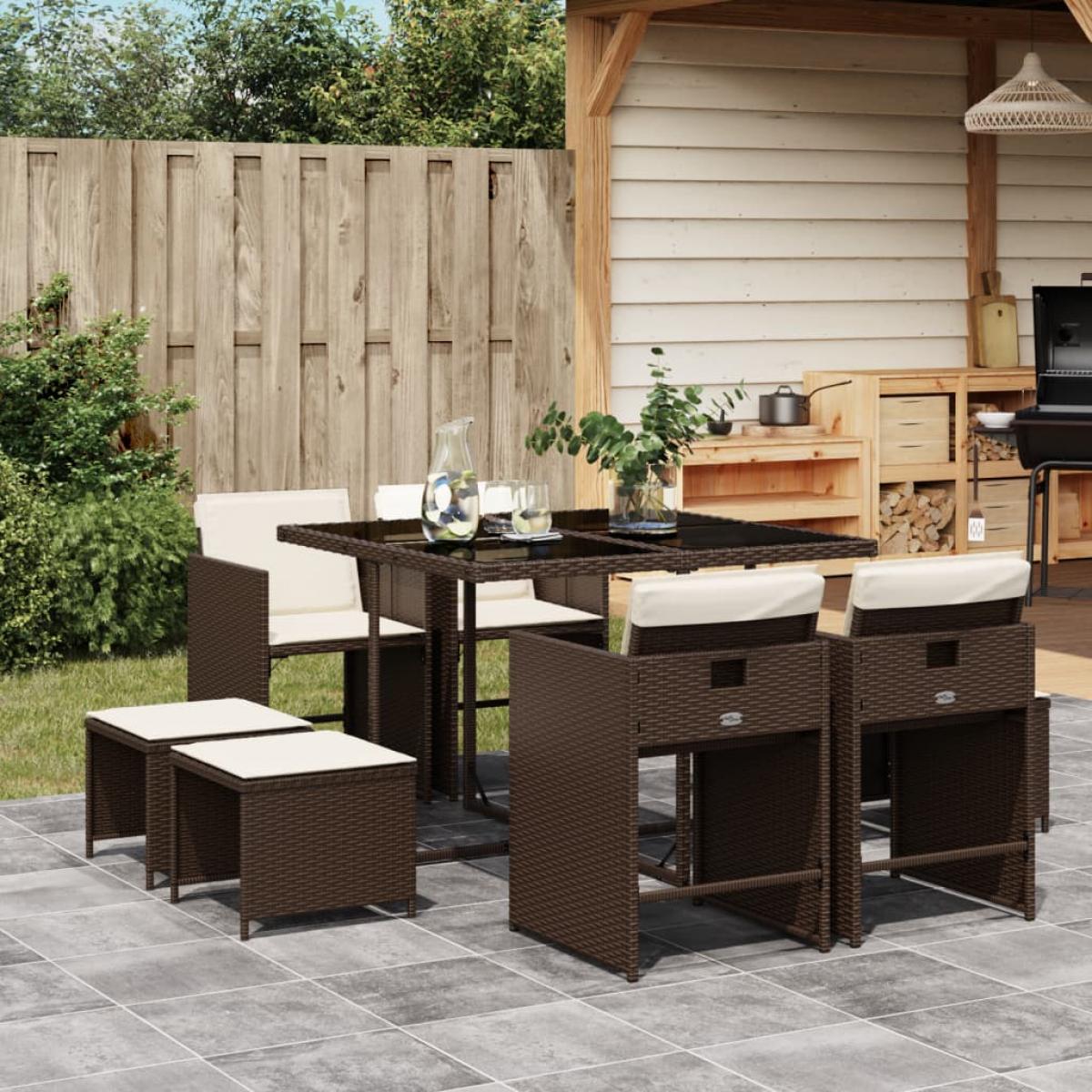 Set comedor para jardín 9 pzas y cojines ratán sintético marrón