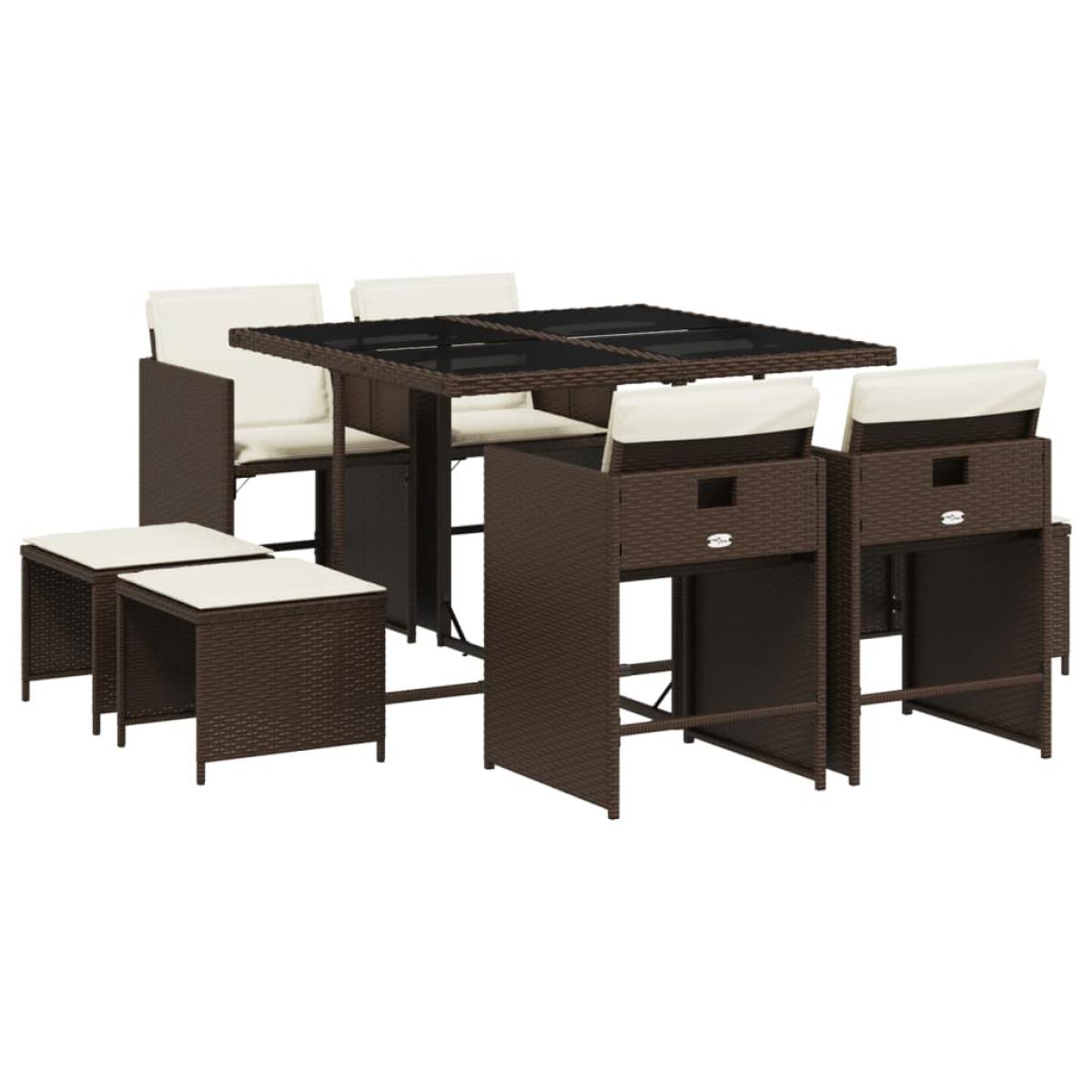 Set comedor para jardín 9 pzas y cojines ratán sintético marrón