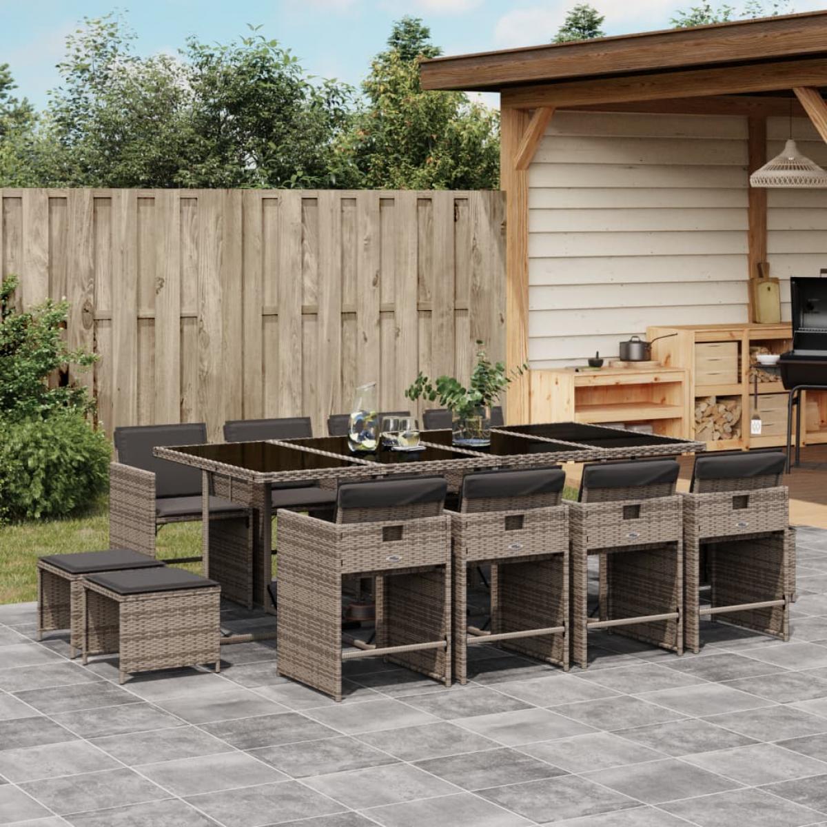 Set comedor de jardín con cojines 13 pzas ratán sintético gris