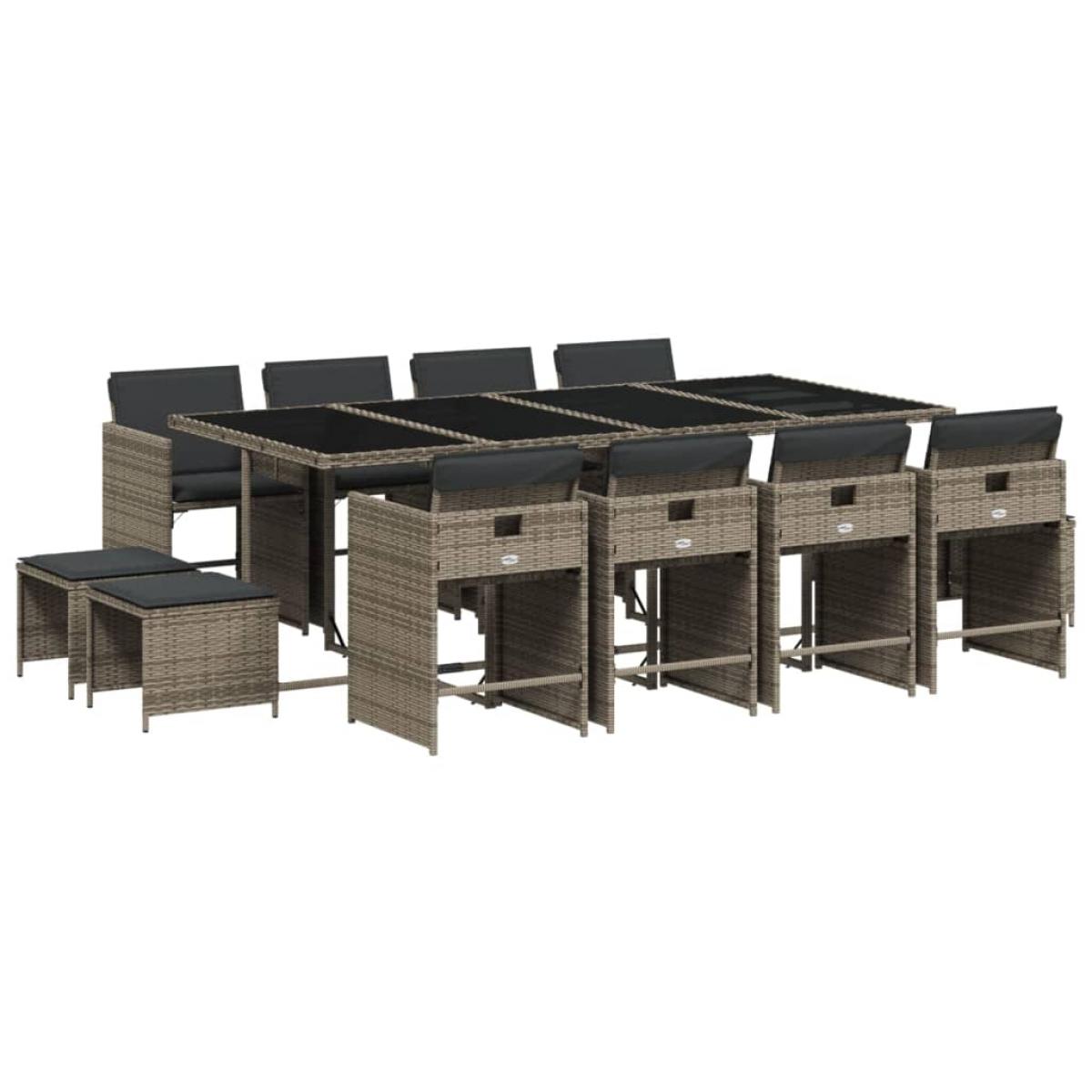 Set comedor de jardín con cojines 13 pzas ratán sintético gris